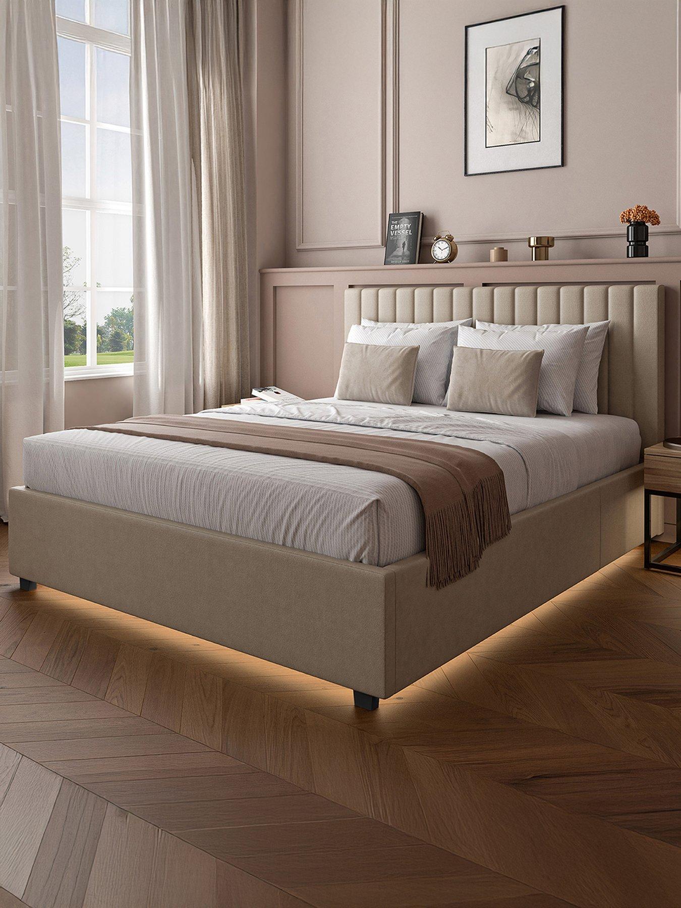 Image 1 of 8 of XR Living Maisie Velvet Ottoman Bed with Under Frame LED Lights - Natural Stone