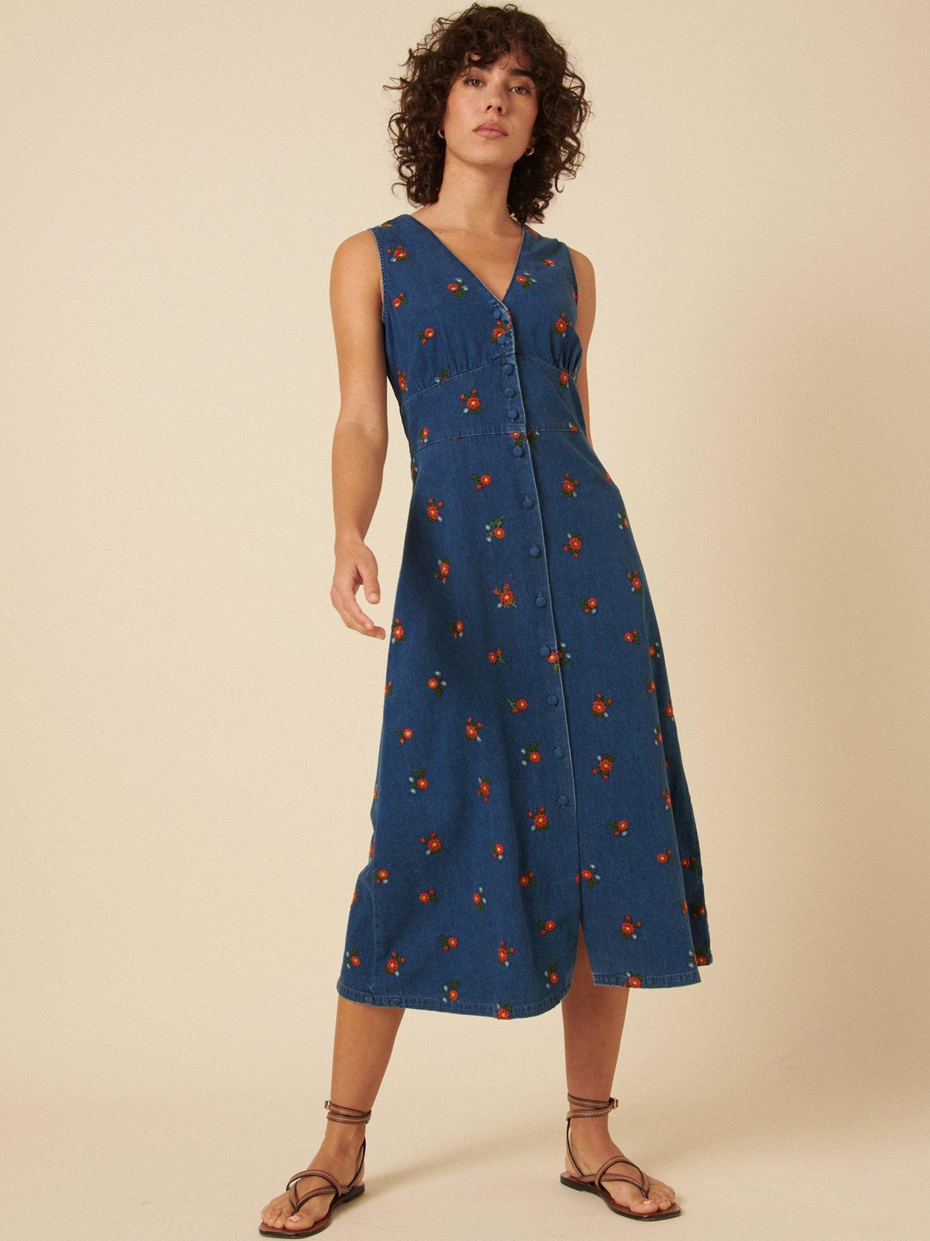  image of nobodys-child-embroidered-midi-dress-blue