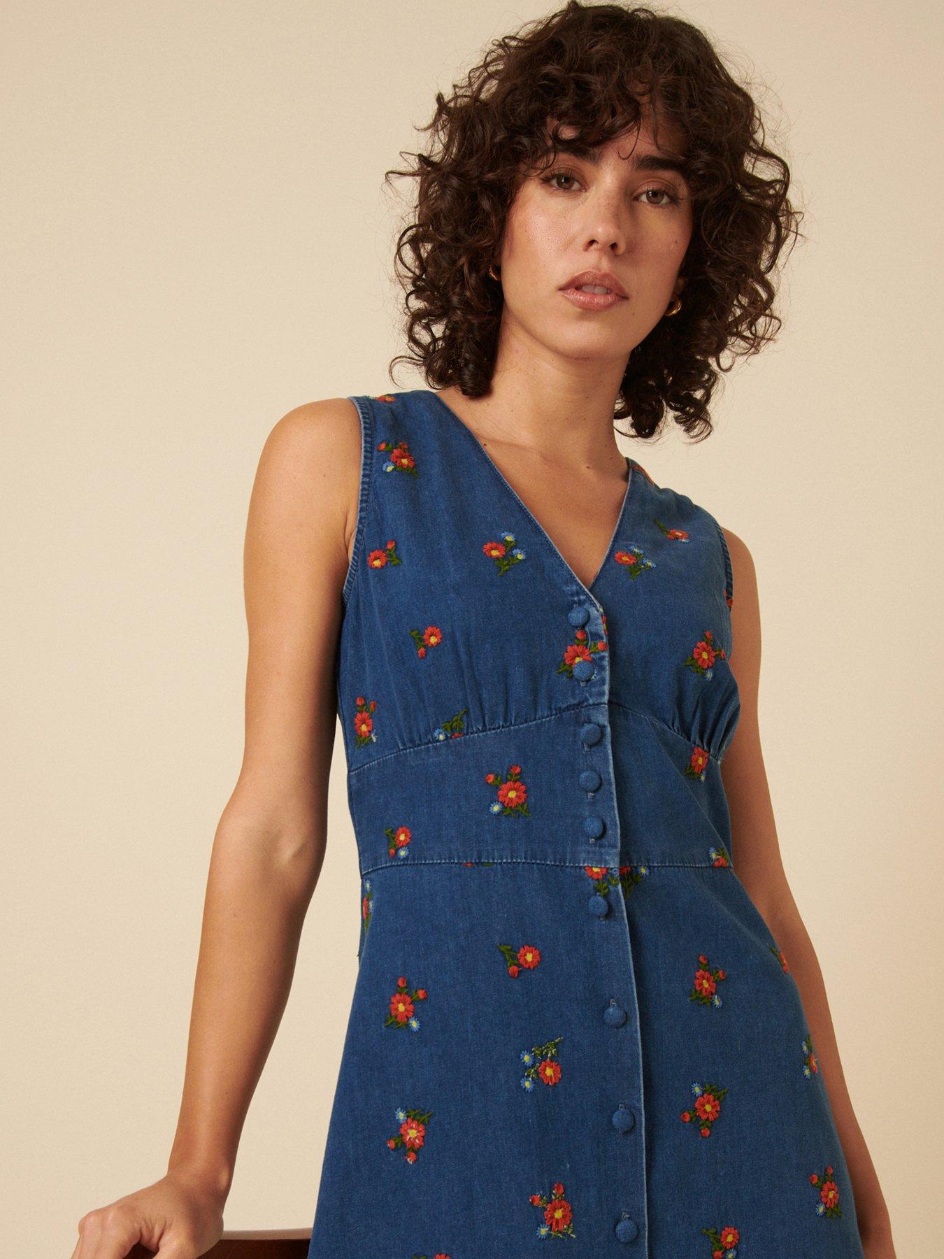  image of nobodys-child-embroidered-midi-dress-blue