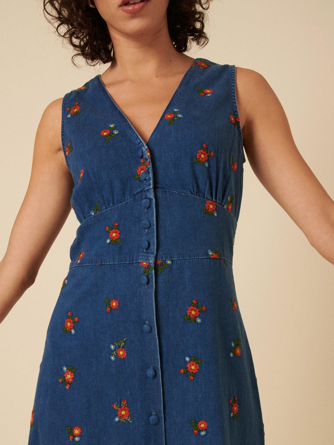  image of nobodys-child-embroidered-midi-dress-blue