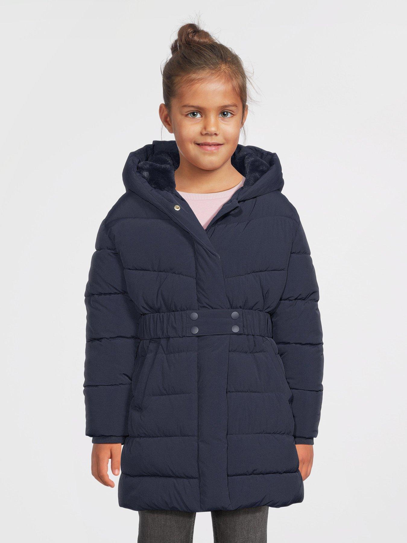  image of v-by-very-girls-hooded-belted-heavy-weight-coat-navy