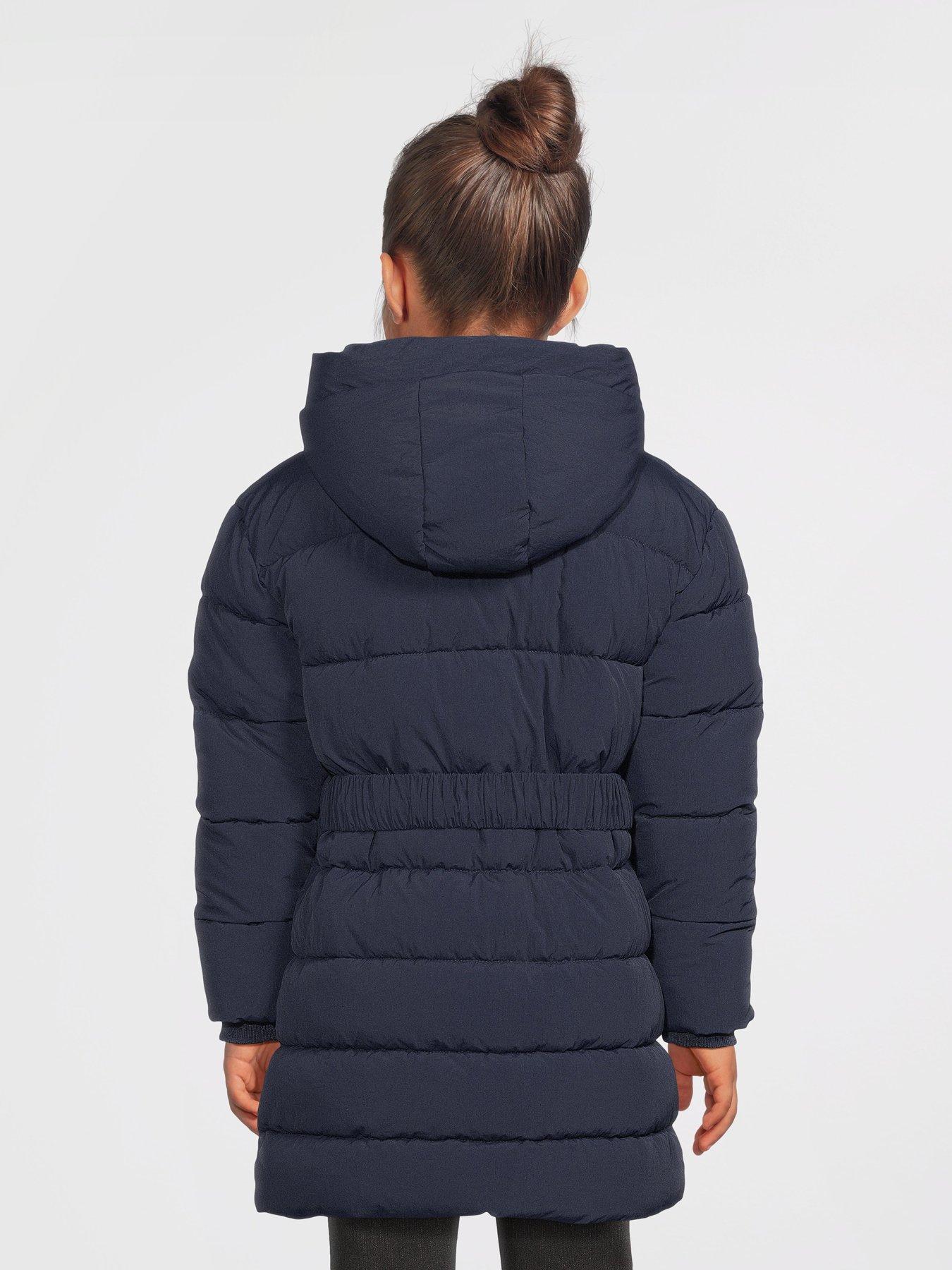  image of v-by-very-girls-hooded-belted-heavy-weight-coat-navy