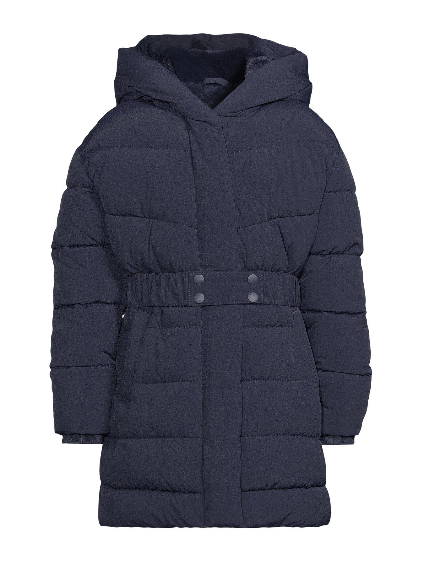  image of v-by-very-girls-hooded-belted-heavy-weight-coat-navy