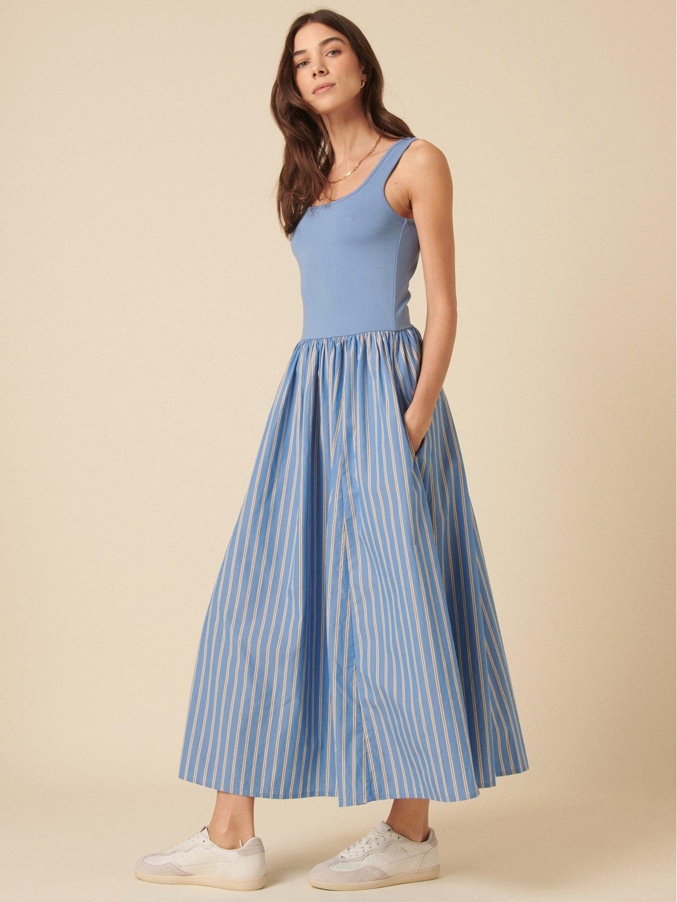 front image of nobodys-child-colorado-stripe-midi-dress-blue