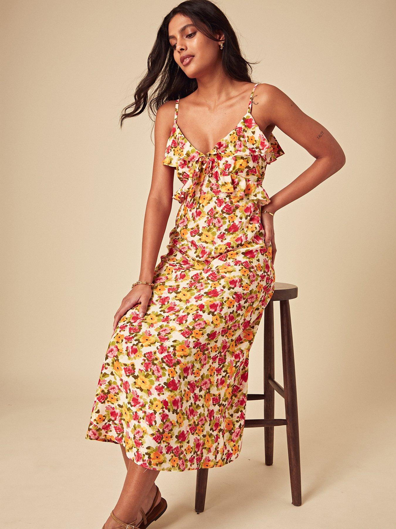  image of nobodys-child-roe-floral-midi-dress-orange