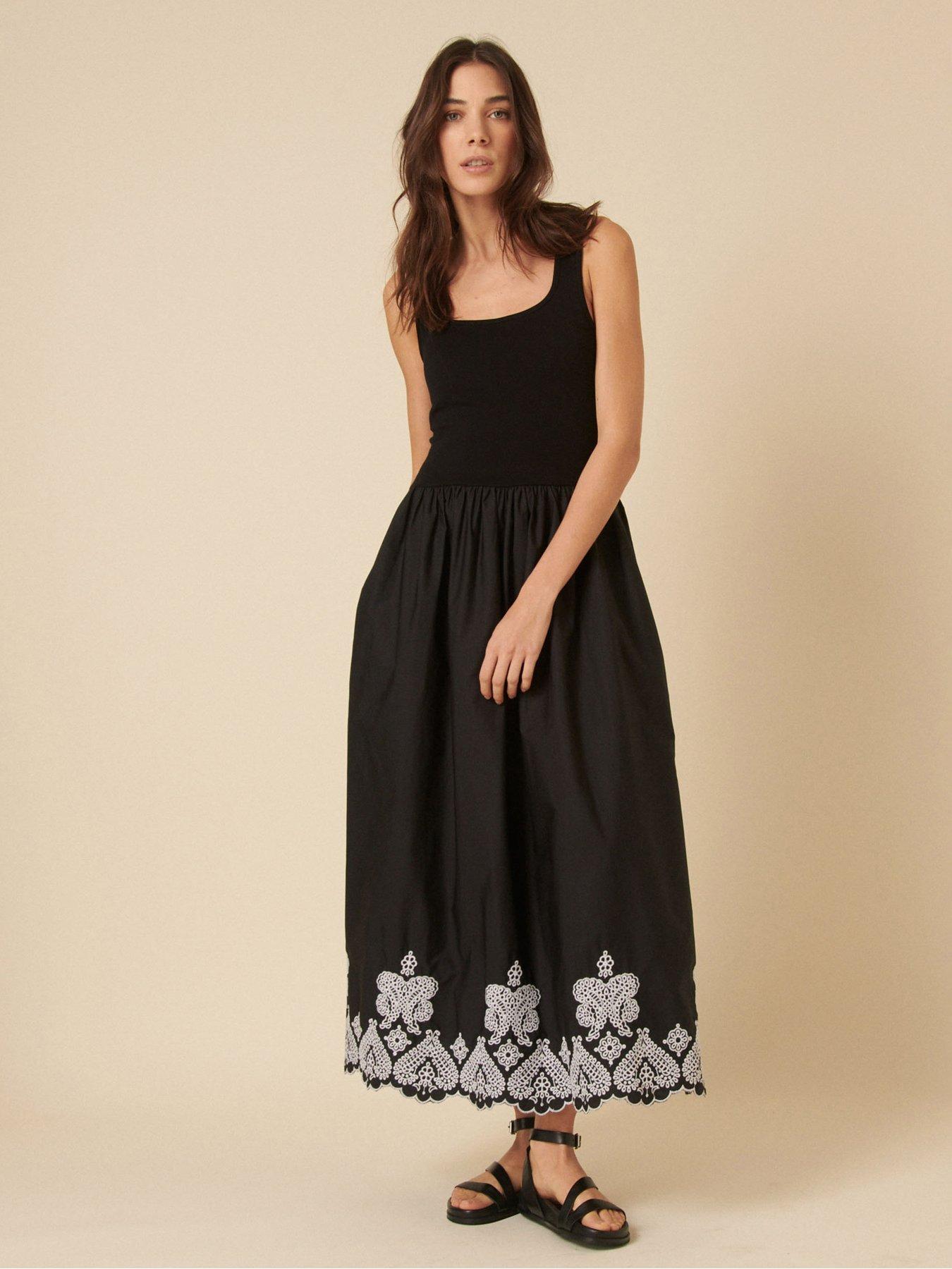 front image of nobodys-child-colorado-embroidered-midi-dress-black