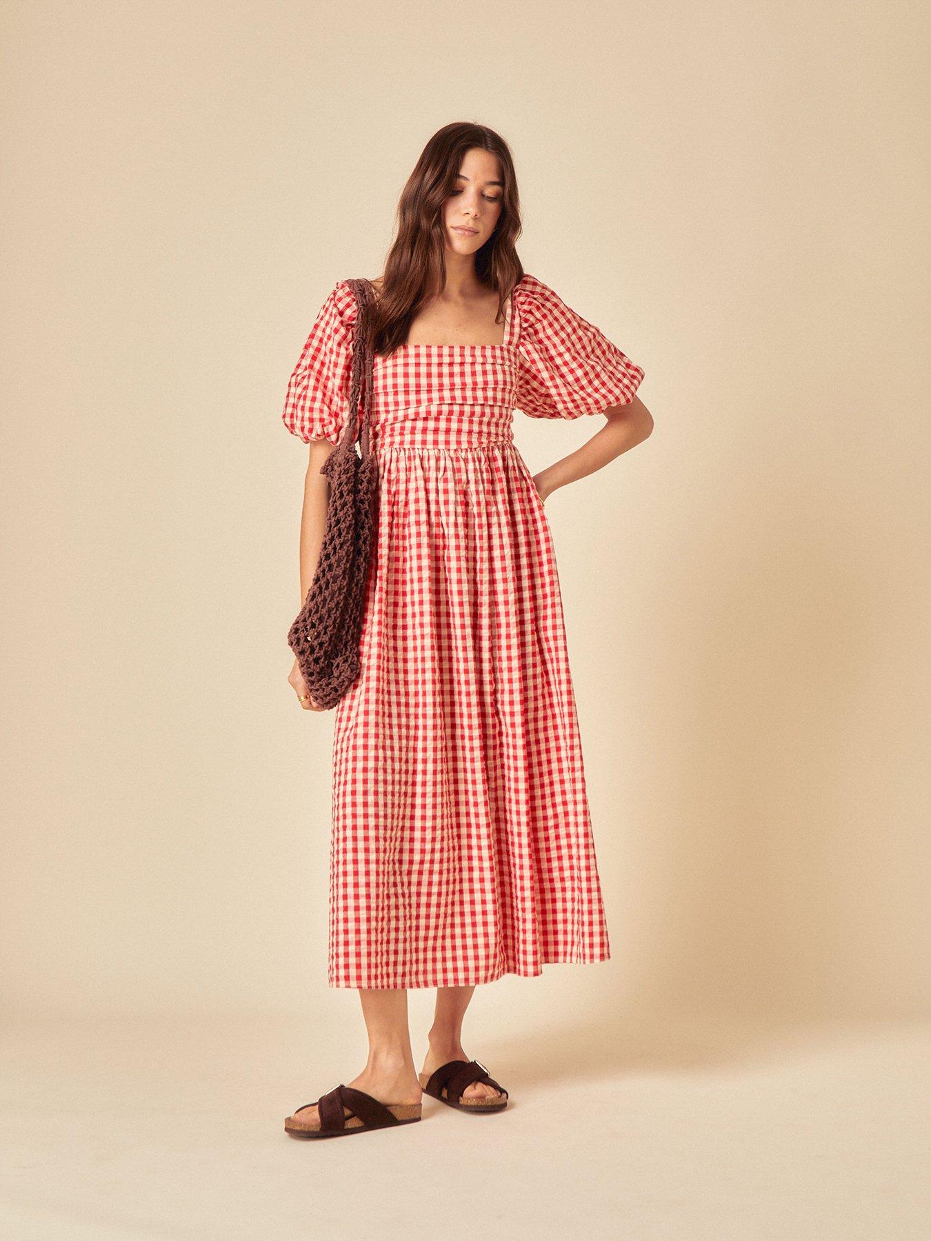 front image of nobodys-child-nova-gingham-midi-dress-red