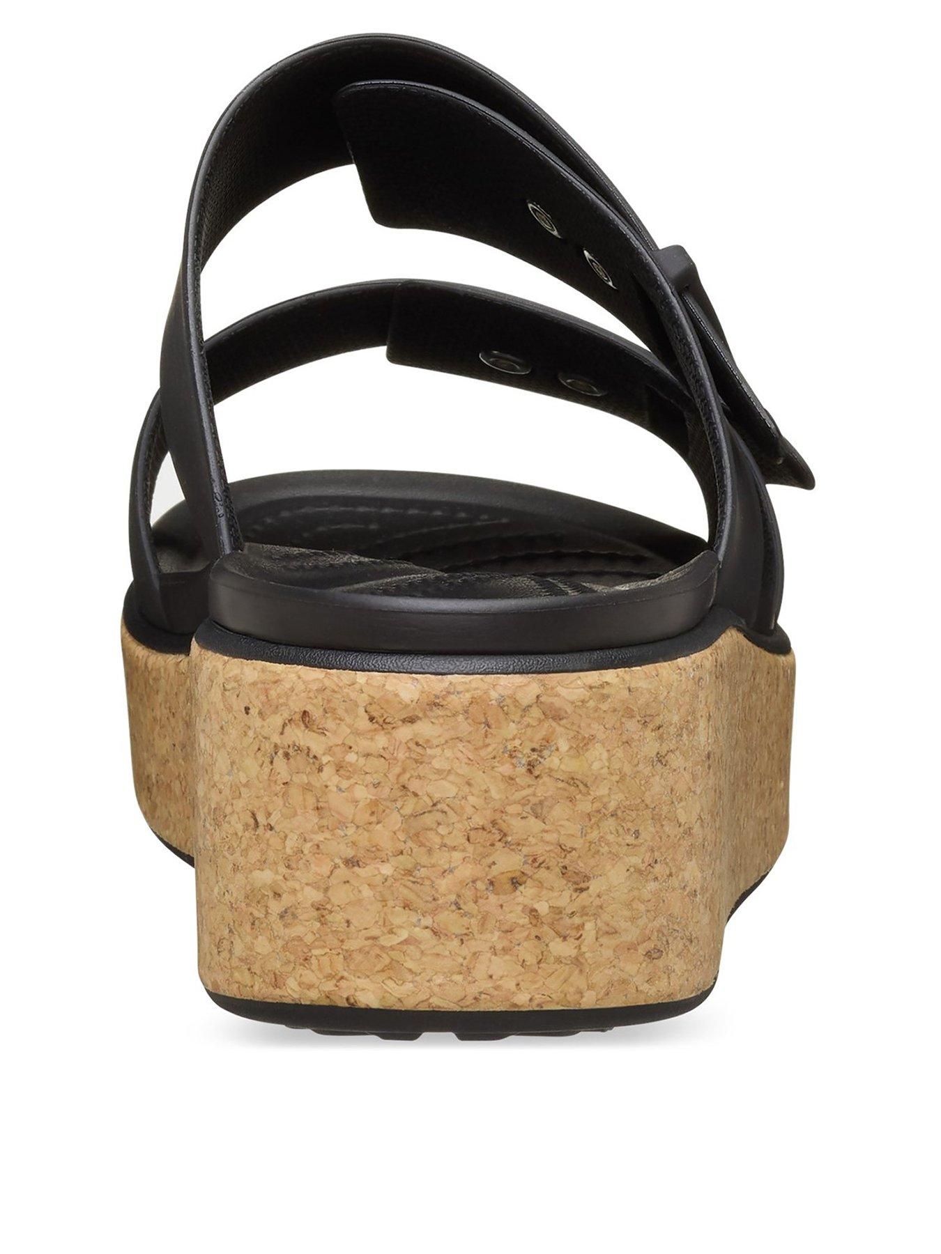  image of crocs-brooklyn-buckle-cork-low-wedge-sandal-black
