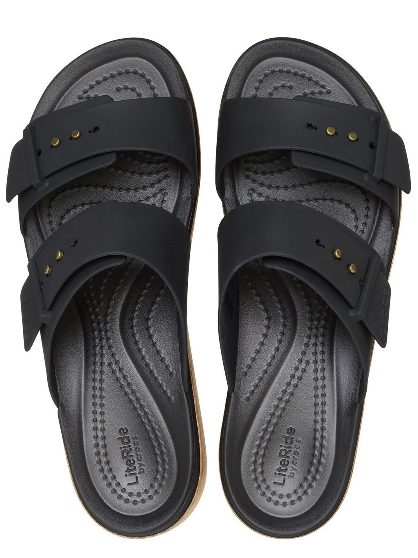  image of crocs-brooklyn-buckle-cork-low-wedge-sandal-black