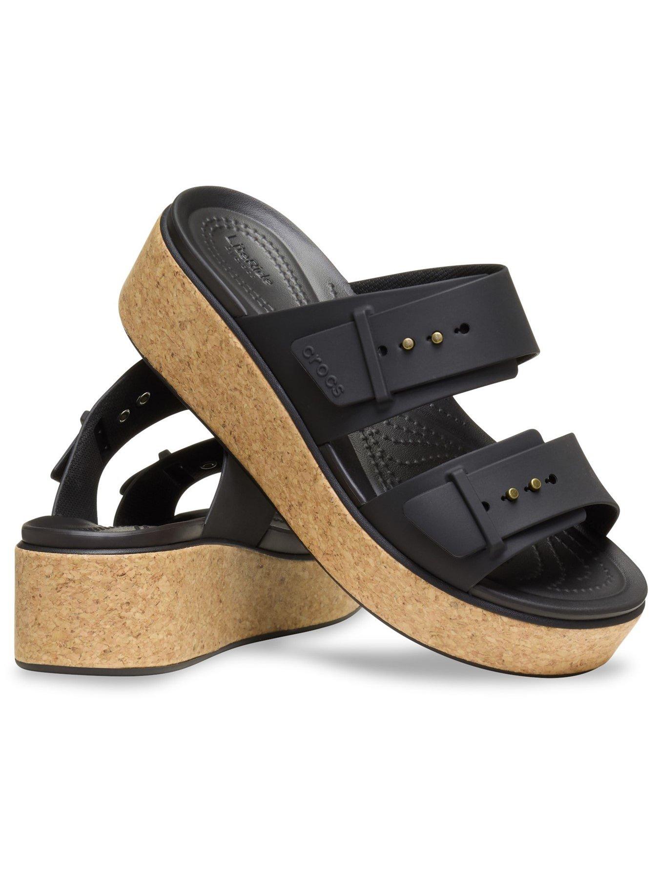  image of crocs-brooklyn-buckle-cork-low-wedge-sandal-black