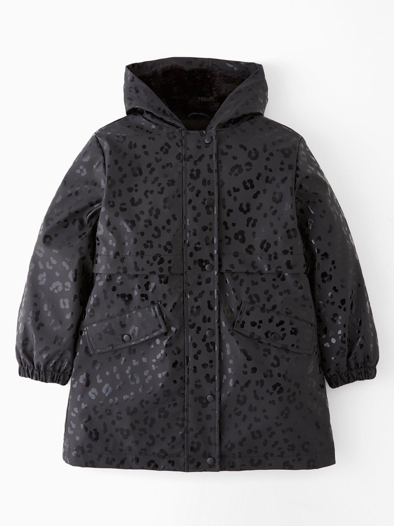 V by Very Girls Leopard Hooded Raincoat - Black