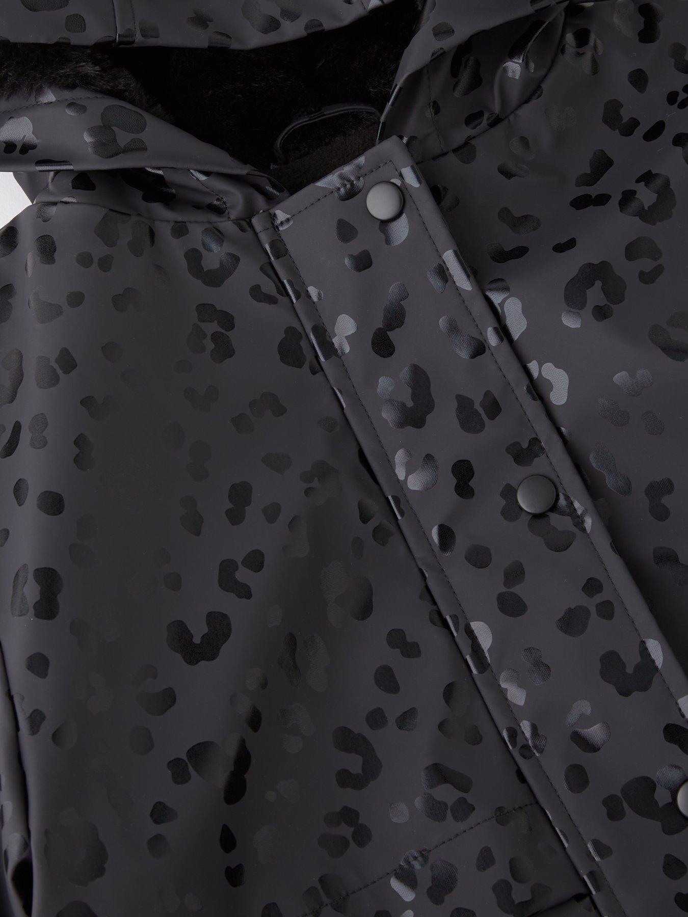  image of v-by-very-girls-leopard-hooded-shower-resistant-fleece-lined-raincoat-black