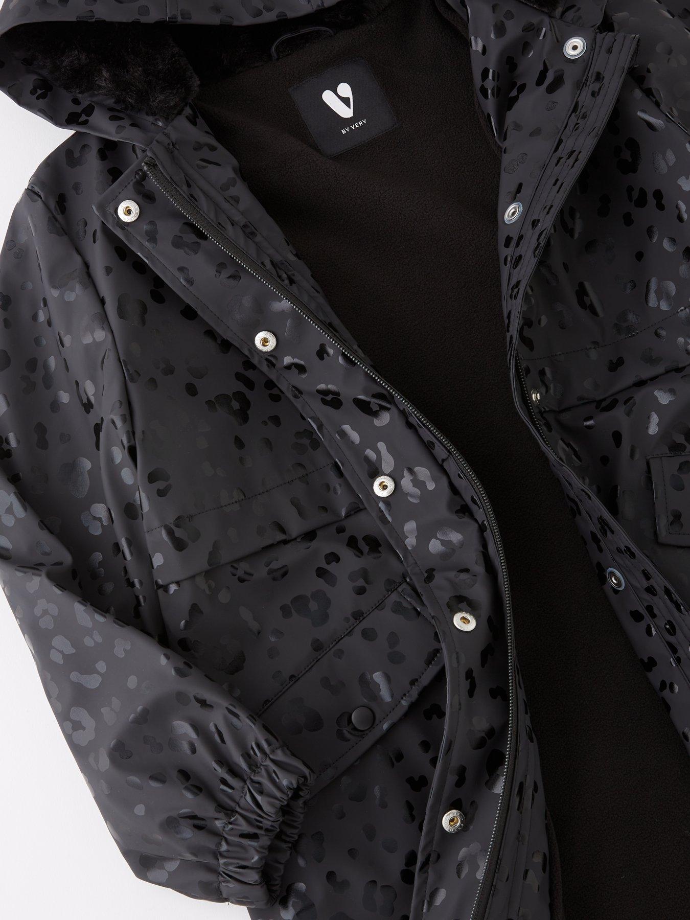  image of v-by-very-girls-leopard-hooded-shower-resistant-fleece-lined-raincoat-black