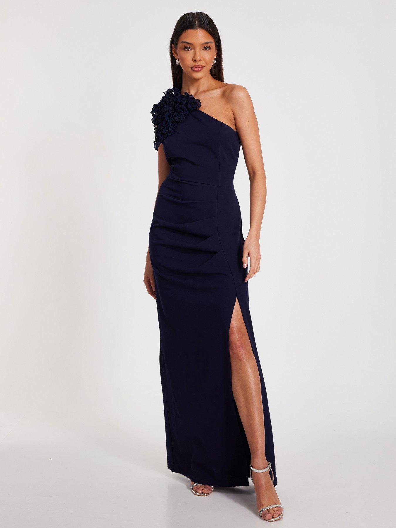 undefined Navy One Shoulder Ruffle Maxi Dress