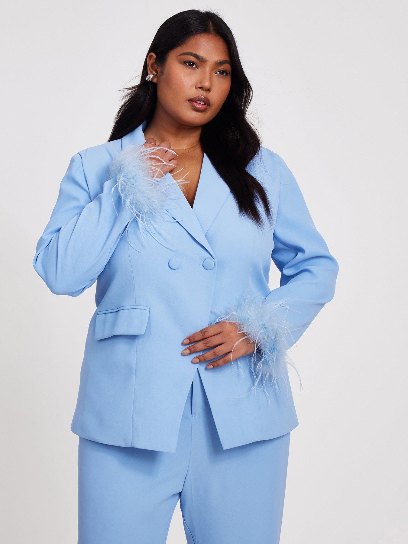 undefined Curve Light Blue Feather Trim Blazer