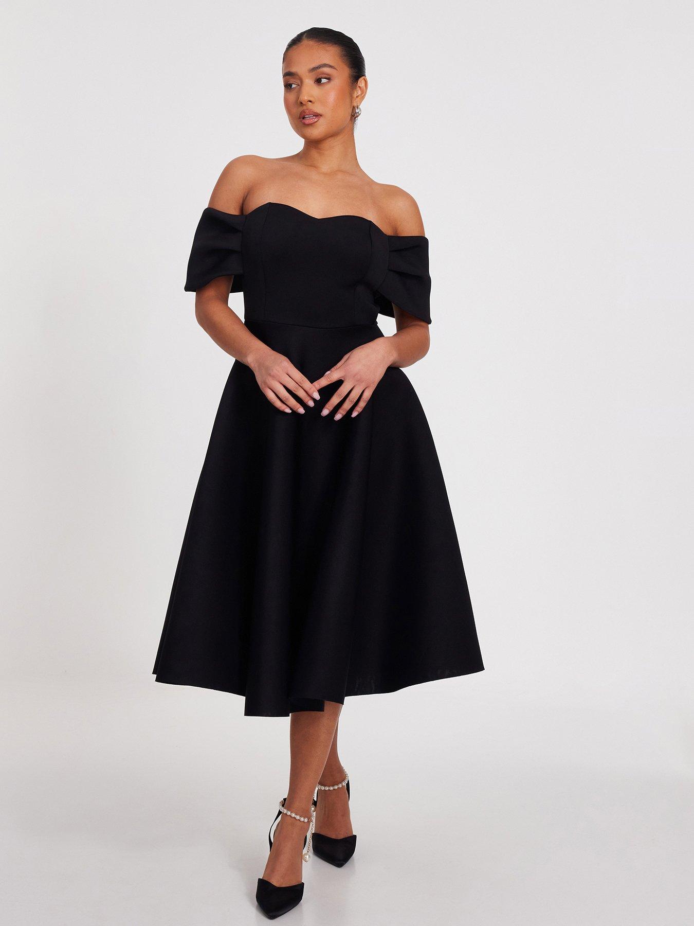quiz-petite-black-bardot-midi-skater-dress