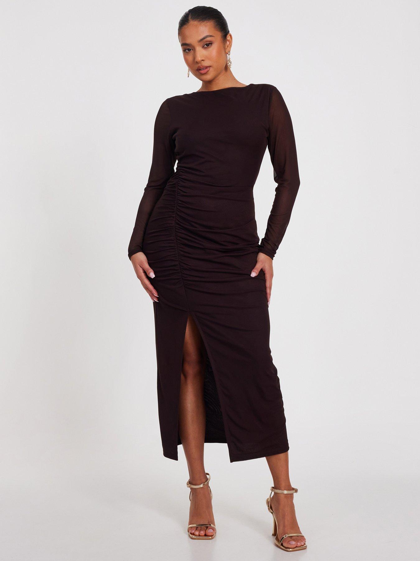 undefined Petite Brown Mesh Long Sleeve Midaxi Dress