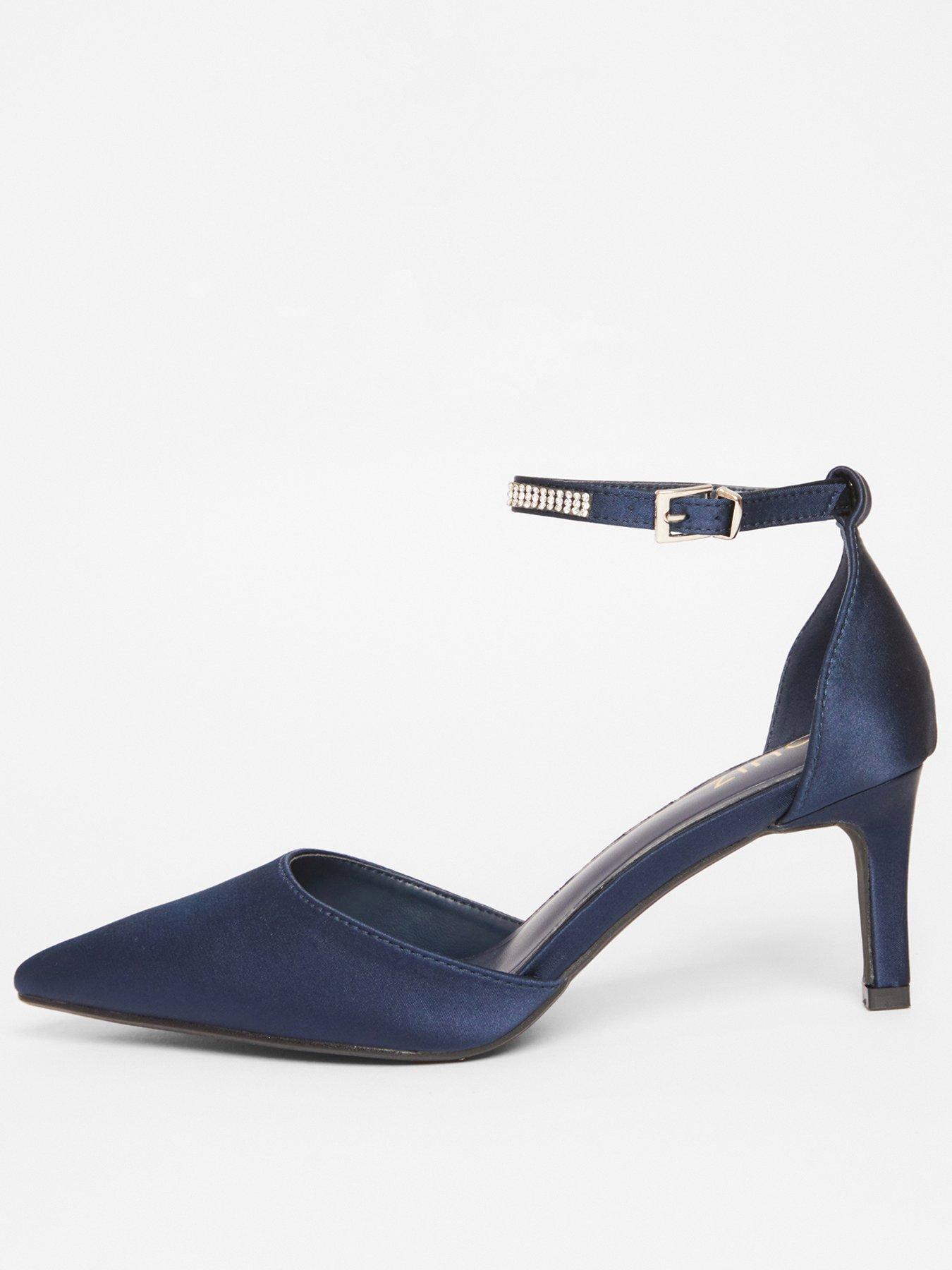 undefined Navy Satin Diamante Strap Court Heels