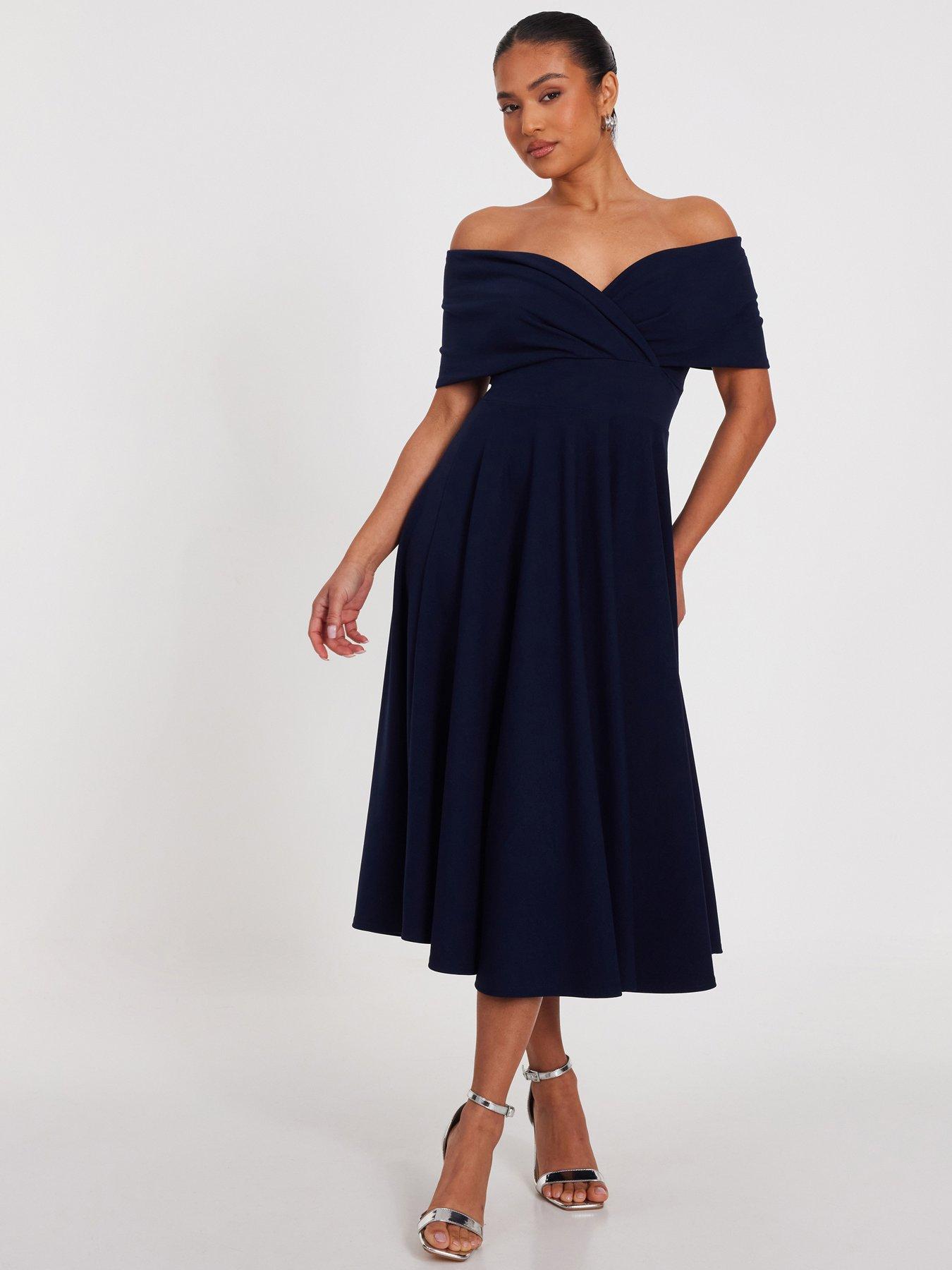 undefined Petite Navy Bardot Midi Dress