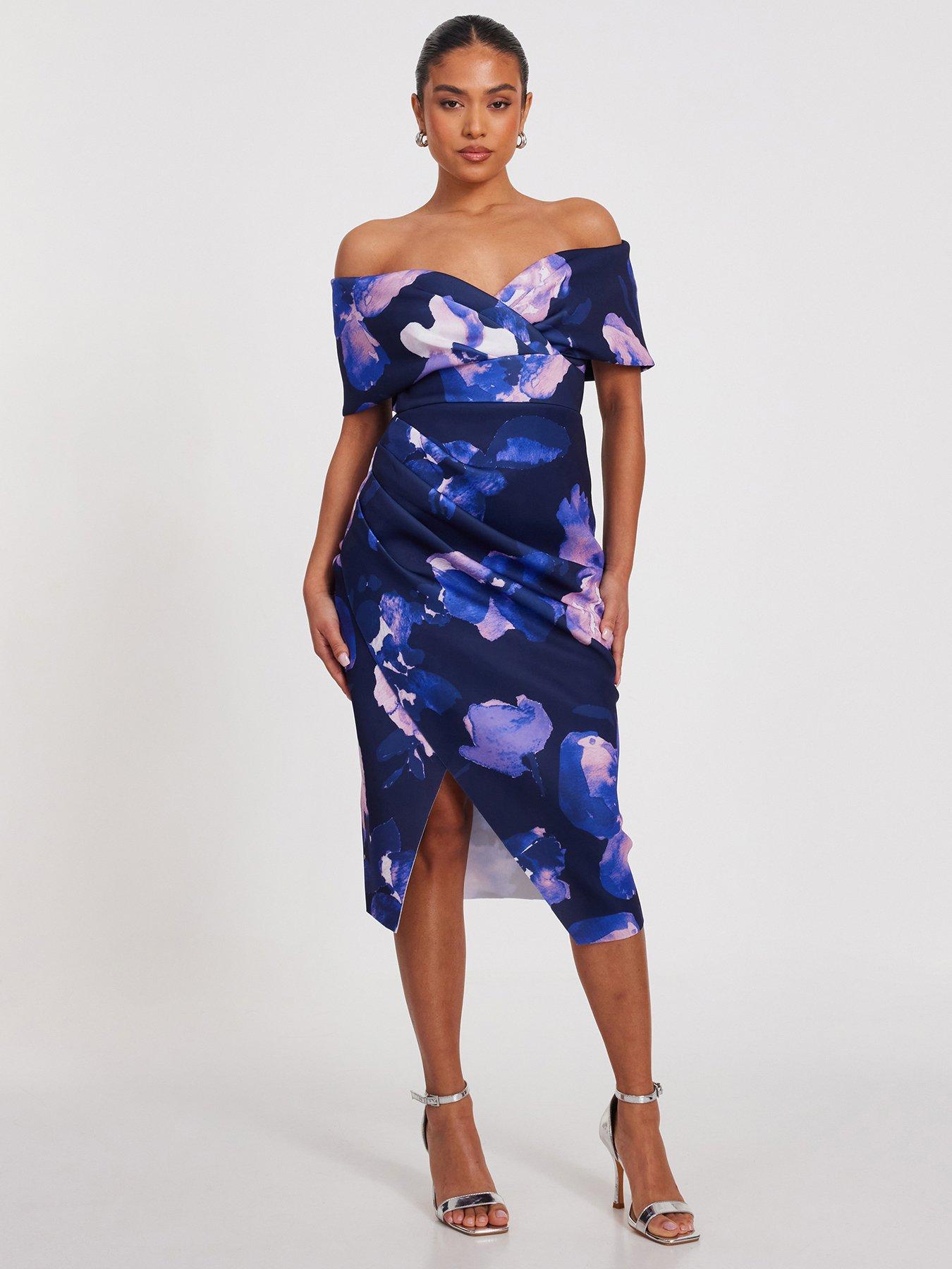 undefined Petite Navy Floral Bardot Midi Dress