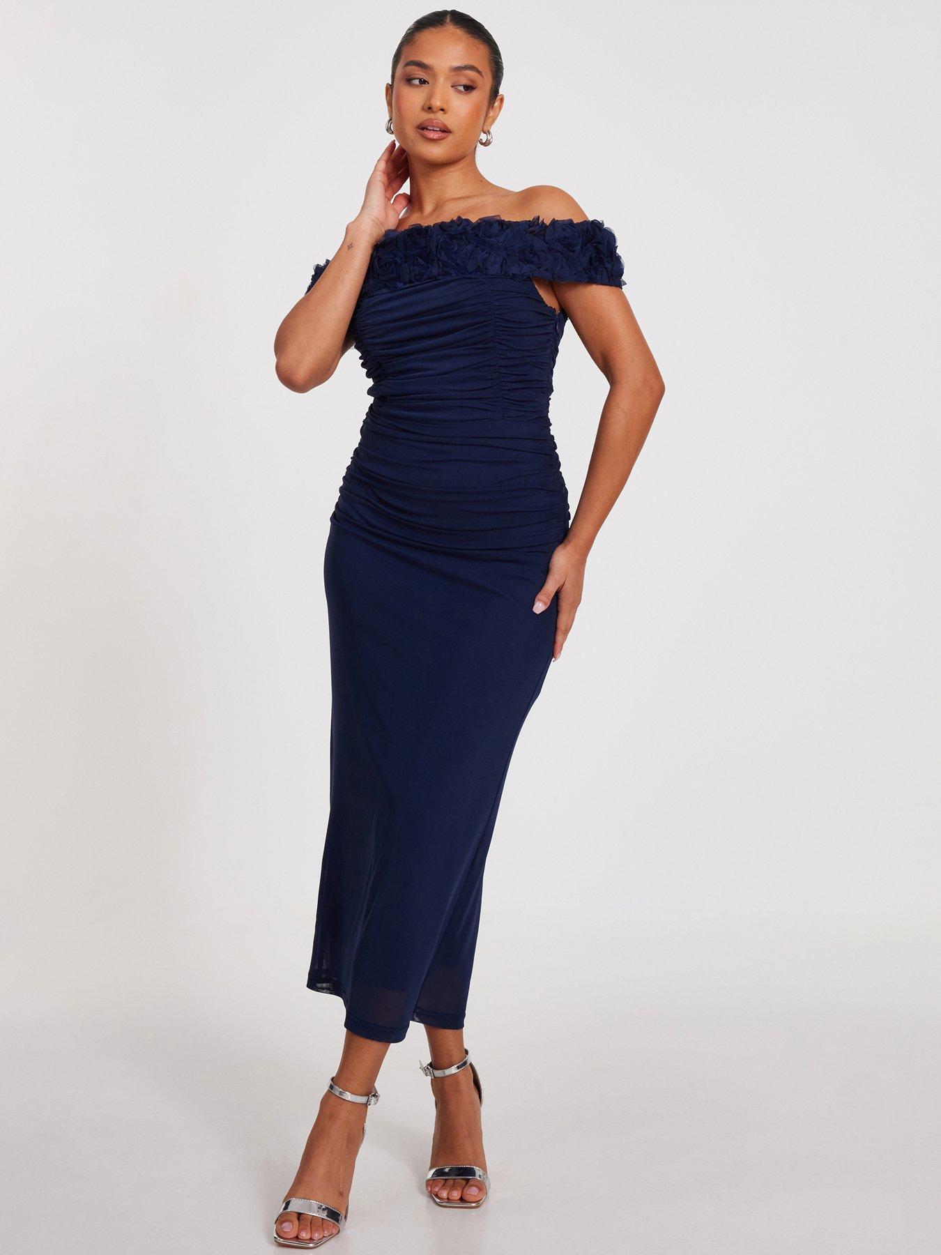undefined Petite Navy Mesh Bardot Midaxi Dress