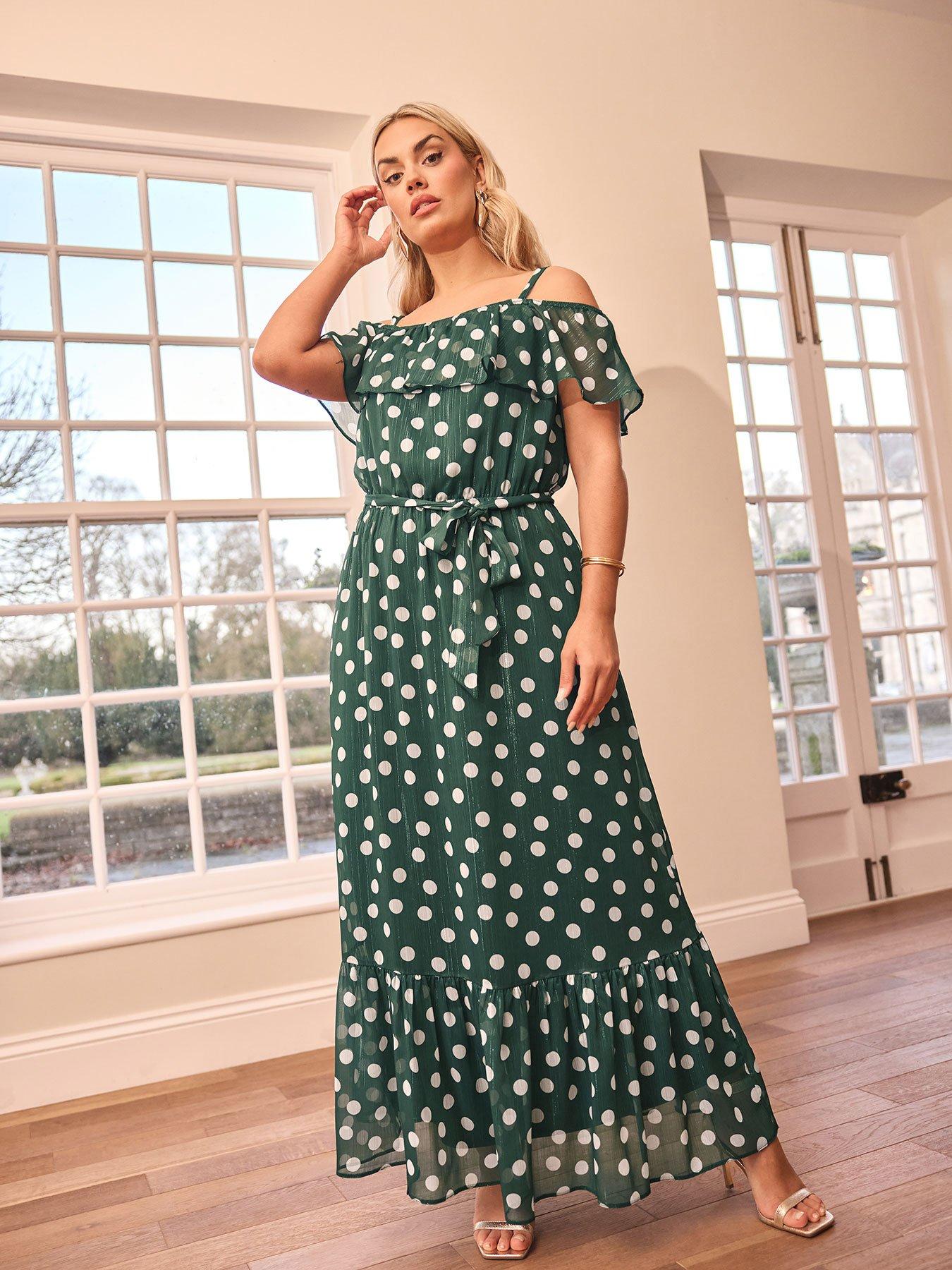 undefined Curve Polka Dot Ruffle Maxi Dress - Green