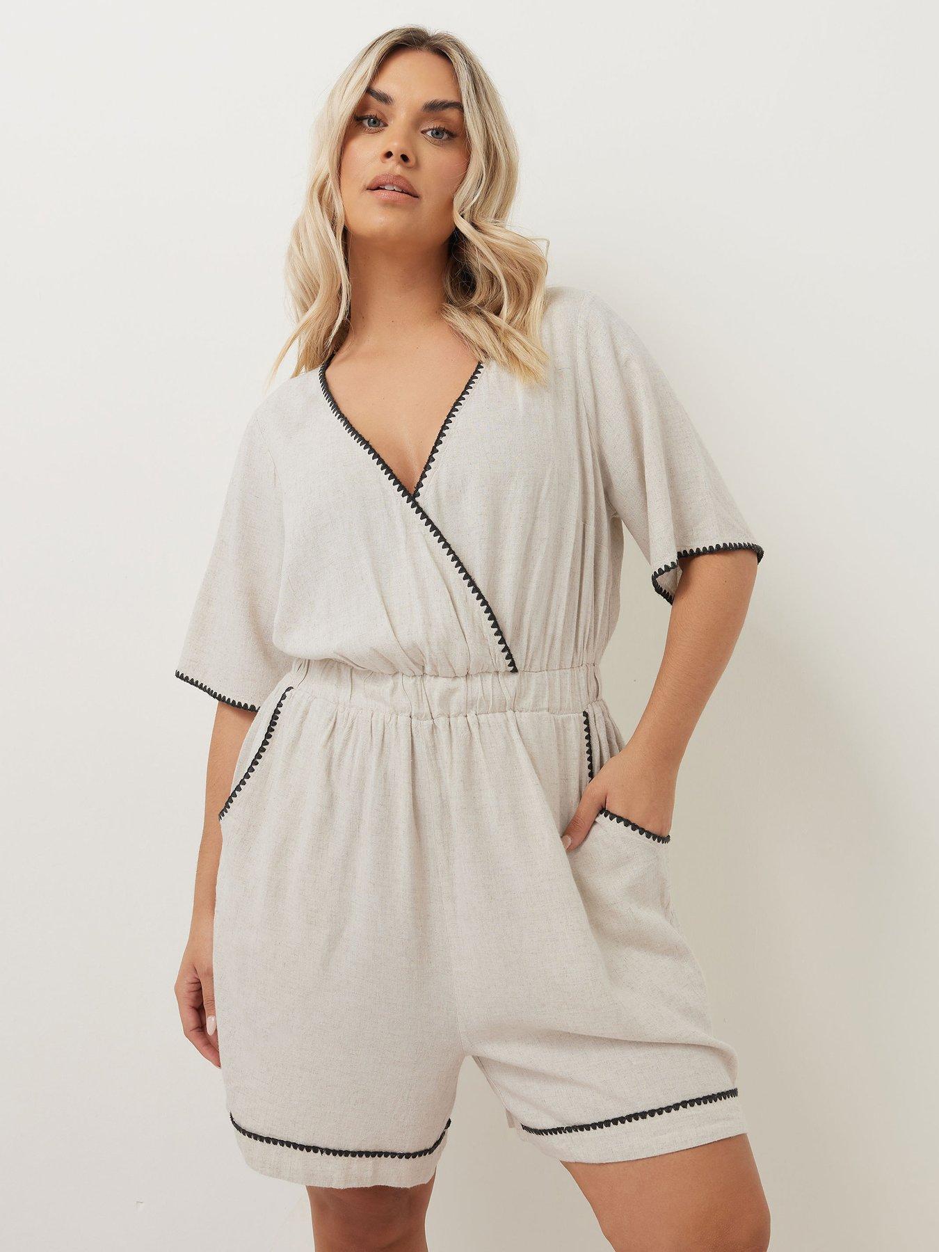  image of yours-curve-linen-blanket-stitch-playsuit