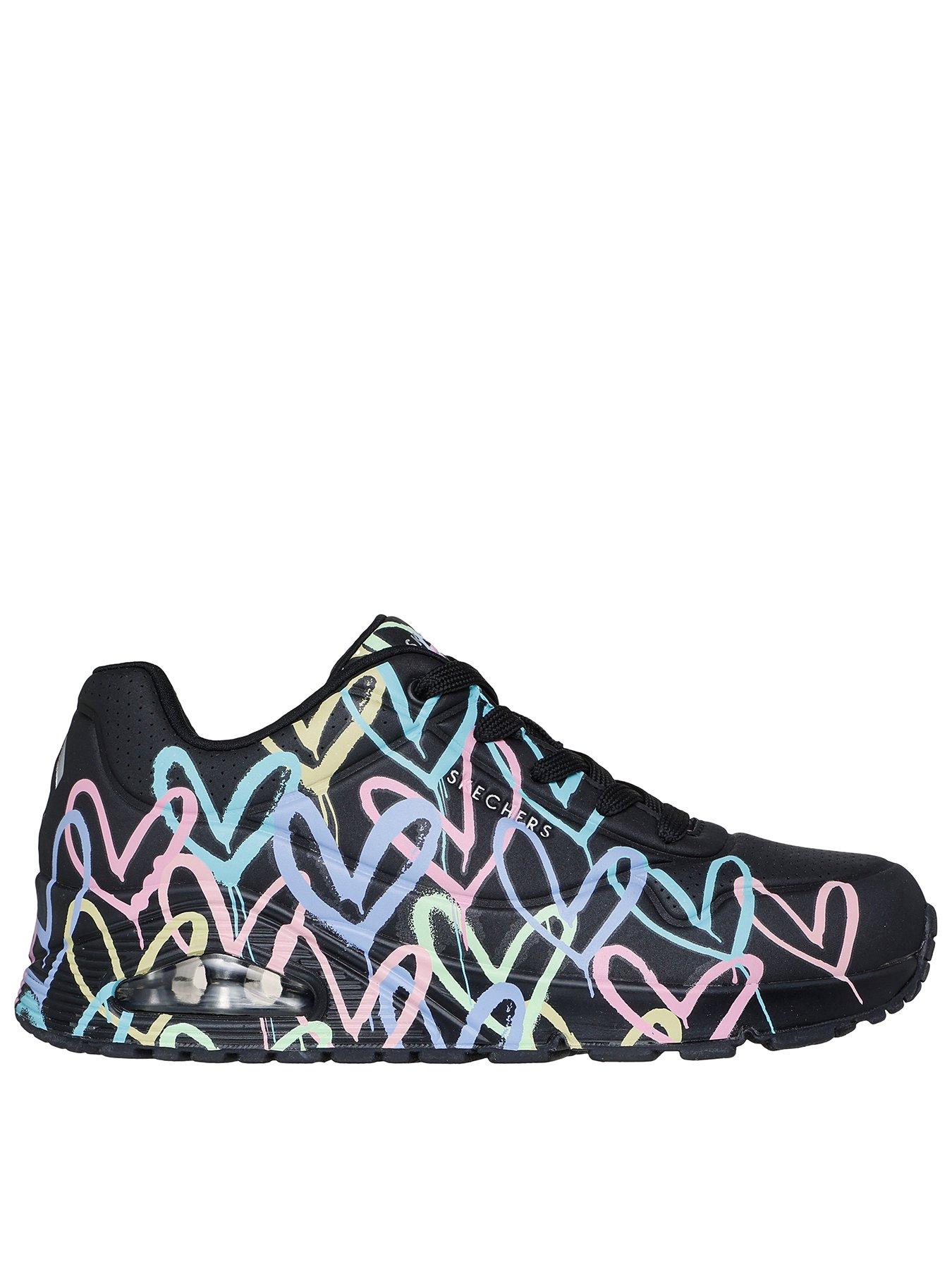 front image of skechers-uno-spread-the-love-wedge-trainer-black