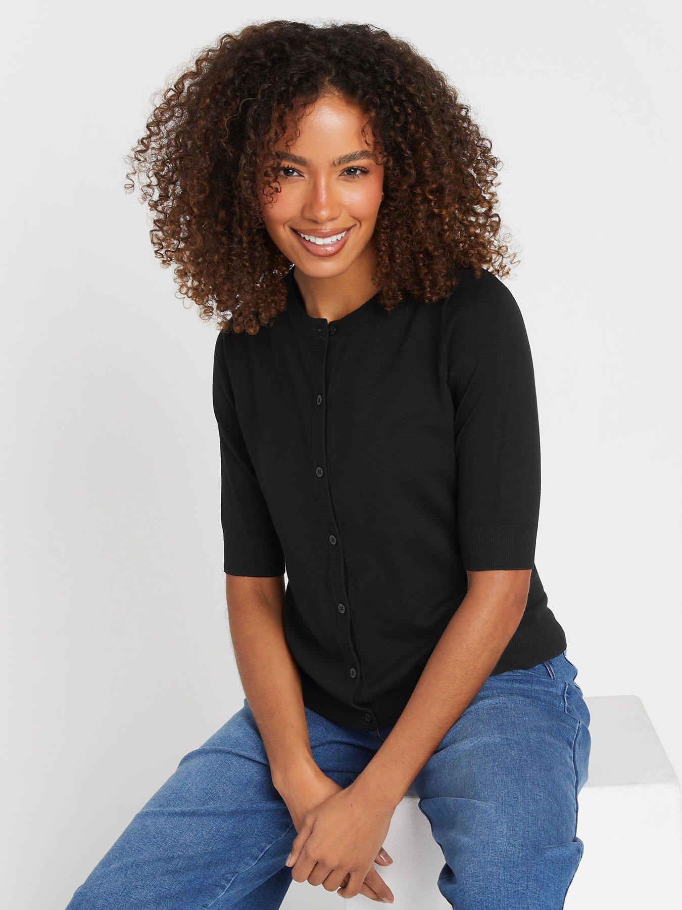  image of mco-short-sleeve-knitted-button-down-cardigan-black