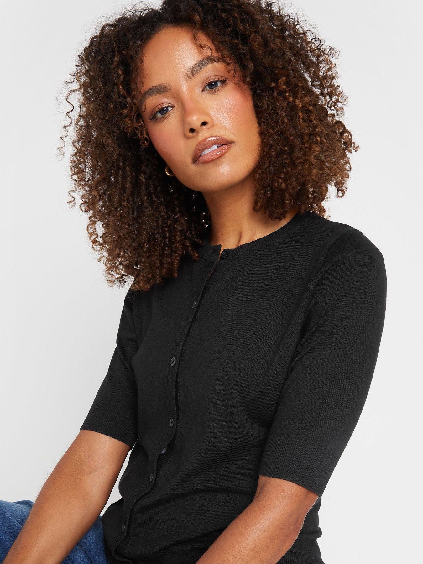  image of mco-short-sleeve-knitted-button-down-cardigan-black