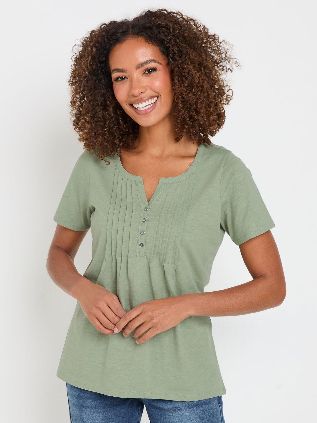 undefined Short Sleeve Cotton Henley Top - Green