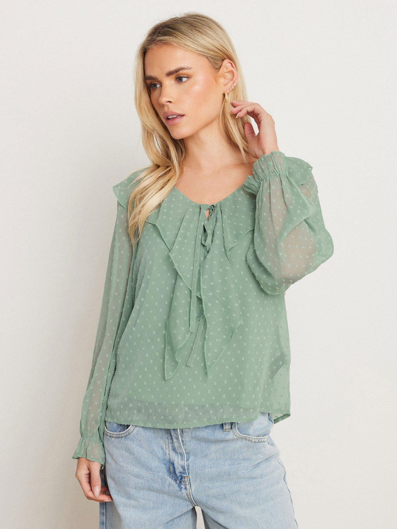 pixiegirl-petite-dobby-frill-long-sleeve-blouse-green