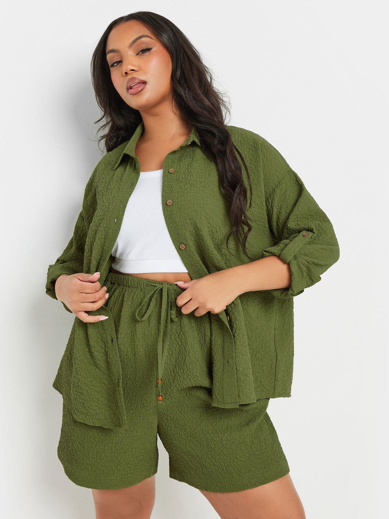 yours-curve-textured-long-sleeve-shirt-co-ord-green