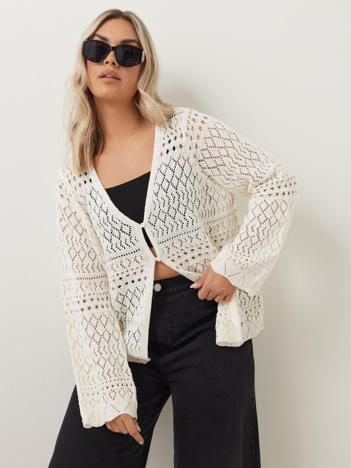 undefined Curve Button Thru Crochet Cardigan - Ivory