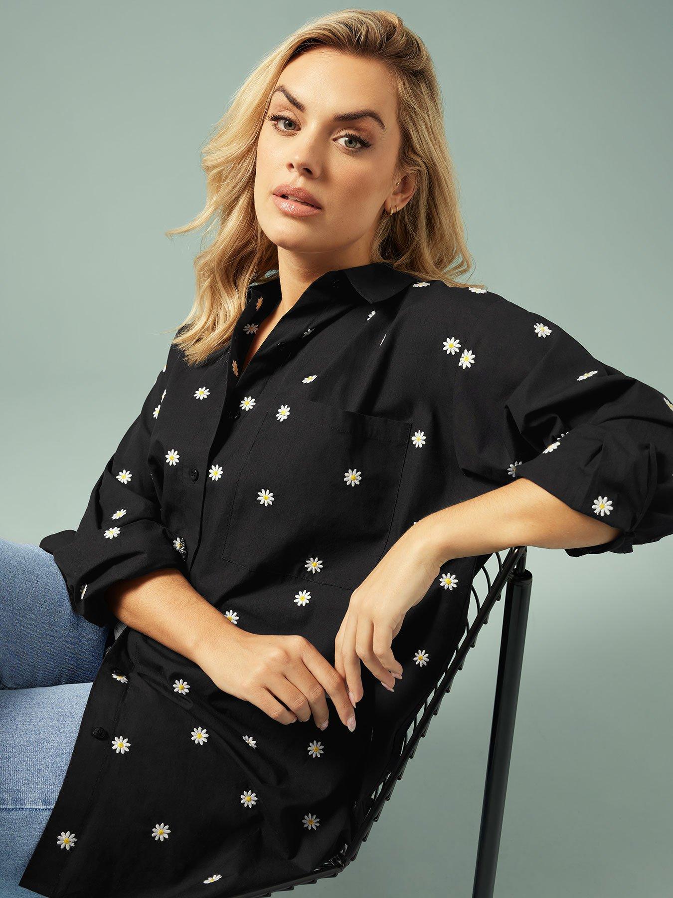  image of yours-curve-embroidered-daisy-long-sleeve-shirt-black