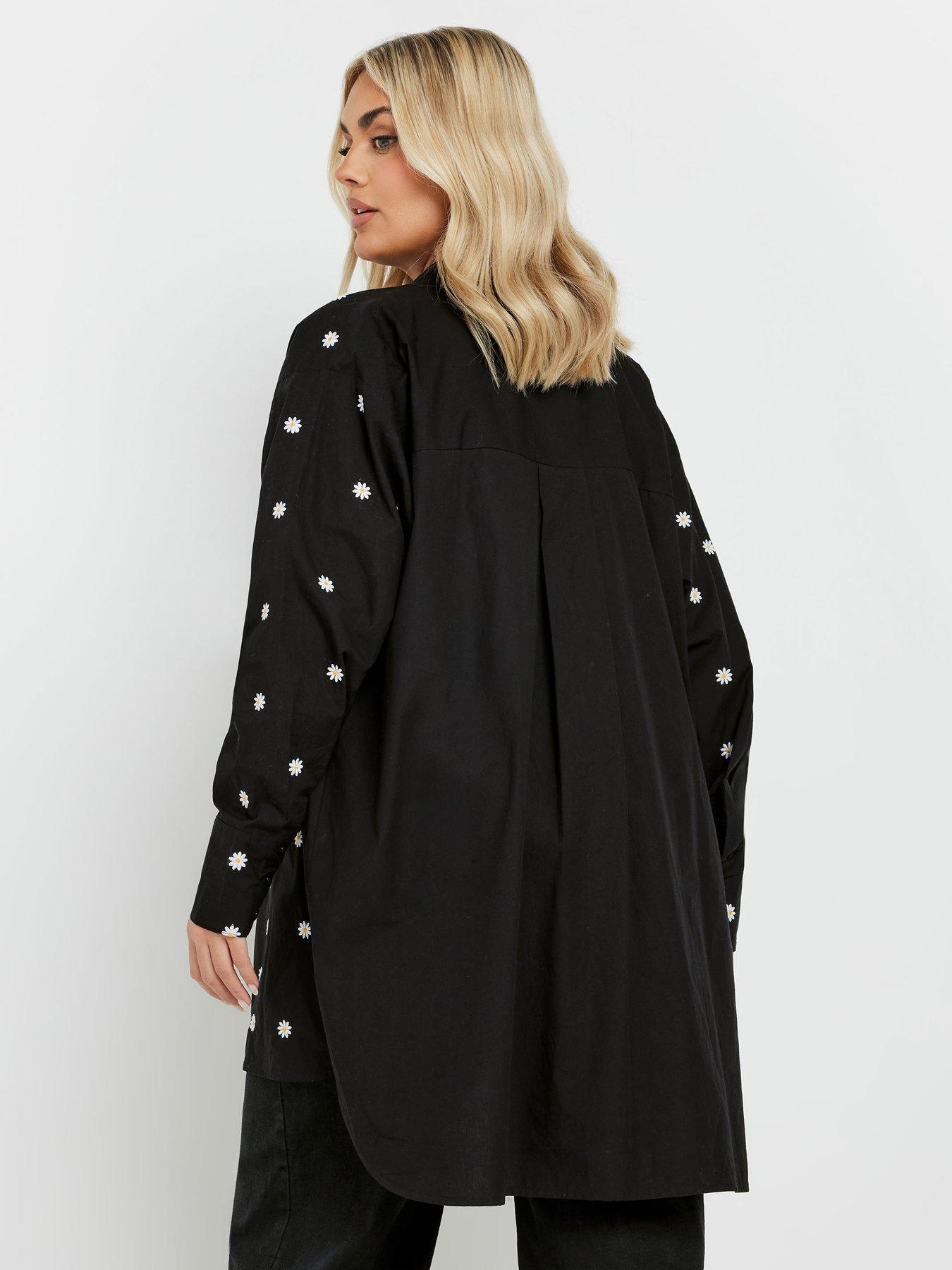  image of yours-curve-embroidered-daisy-long-sleeve-shirt-black