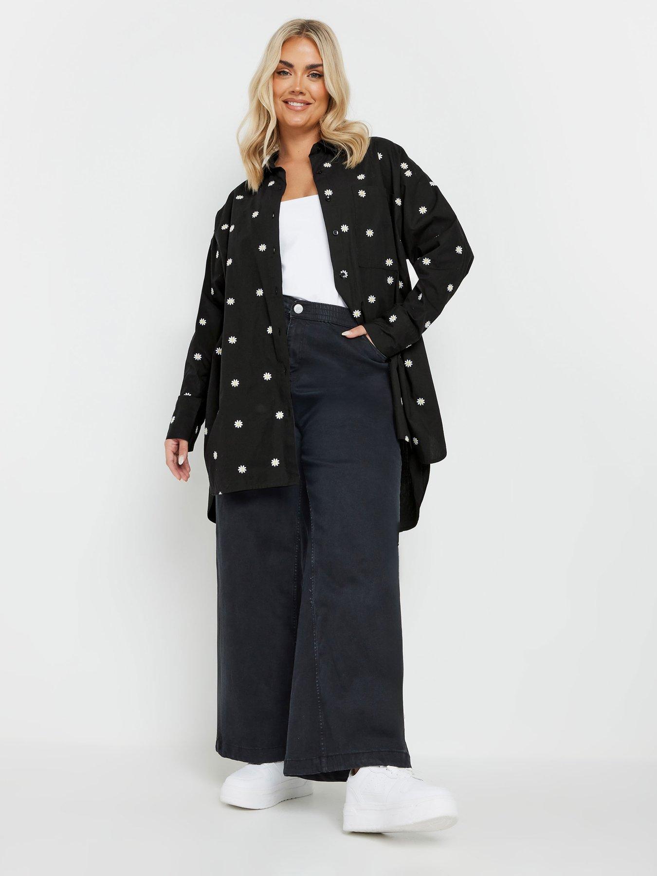  image of yours-curve-embroidered-daisy-long-sleeve-shirt-black