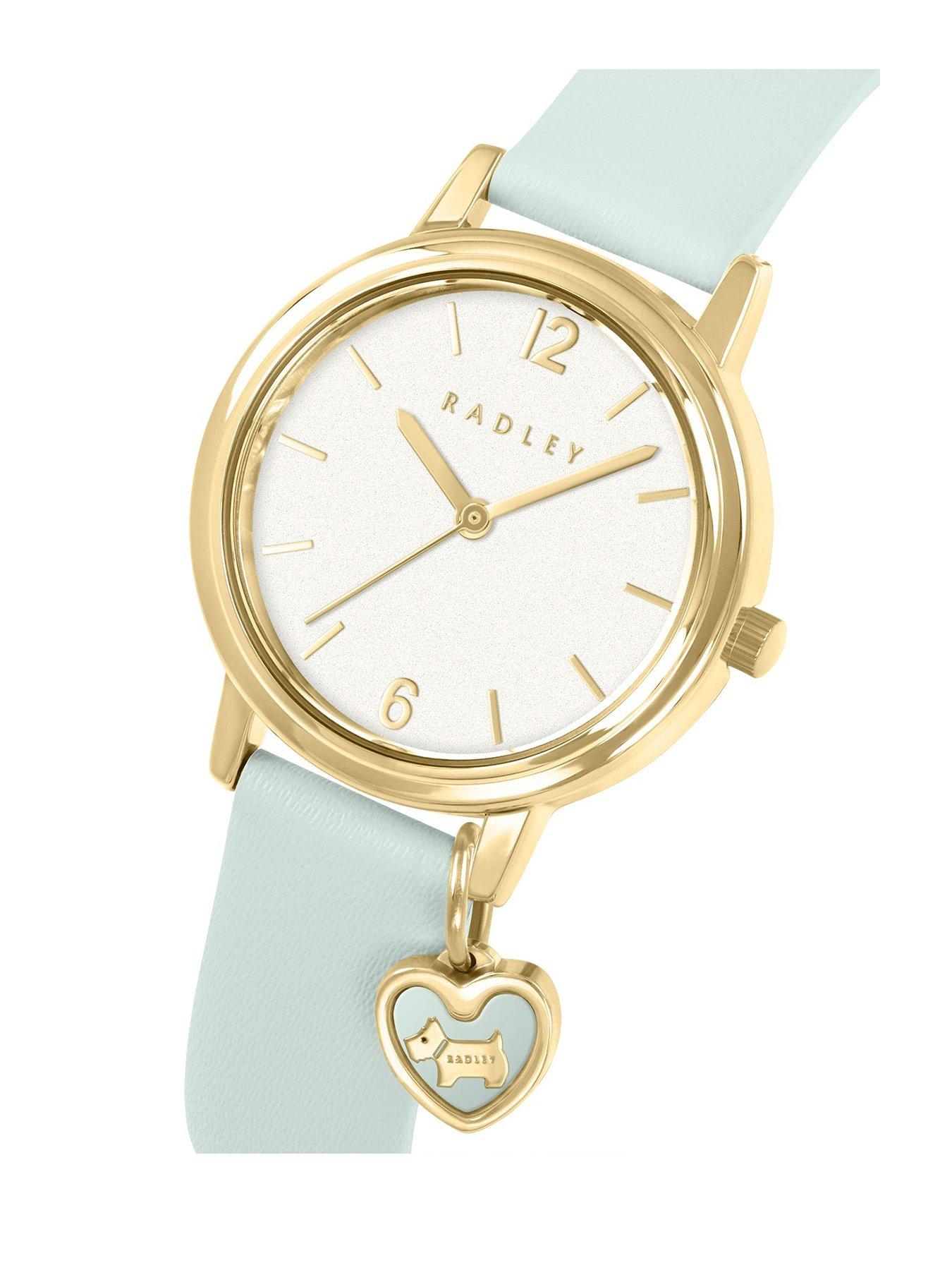  image of radley-27mm-gold-plated-deco-green-leather-strap-with-charm