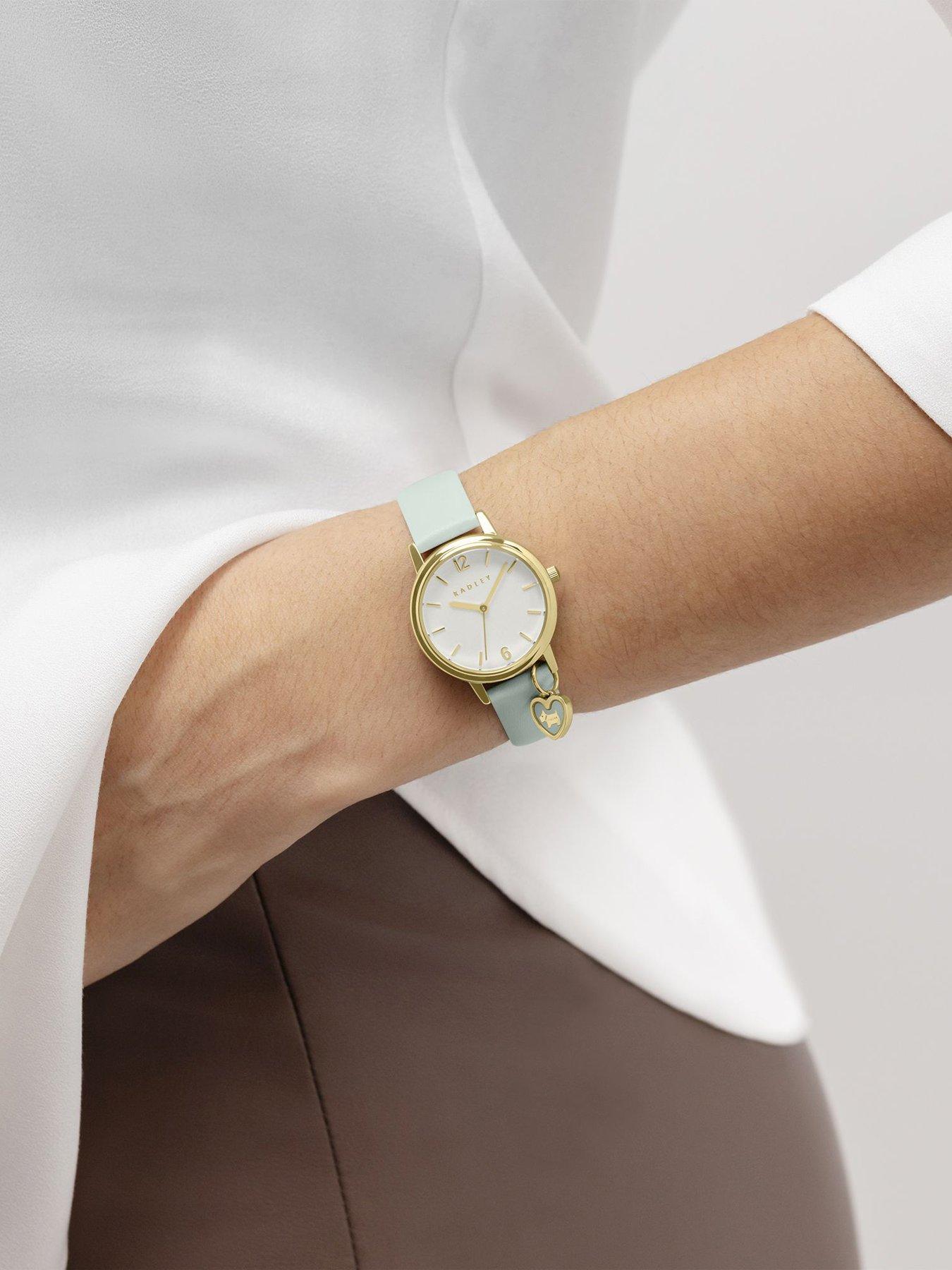  image of radley-27mm-gold-plated-deco-green-leather-strap-with-charm