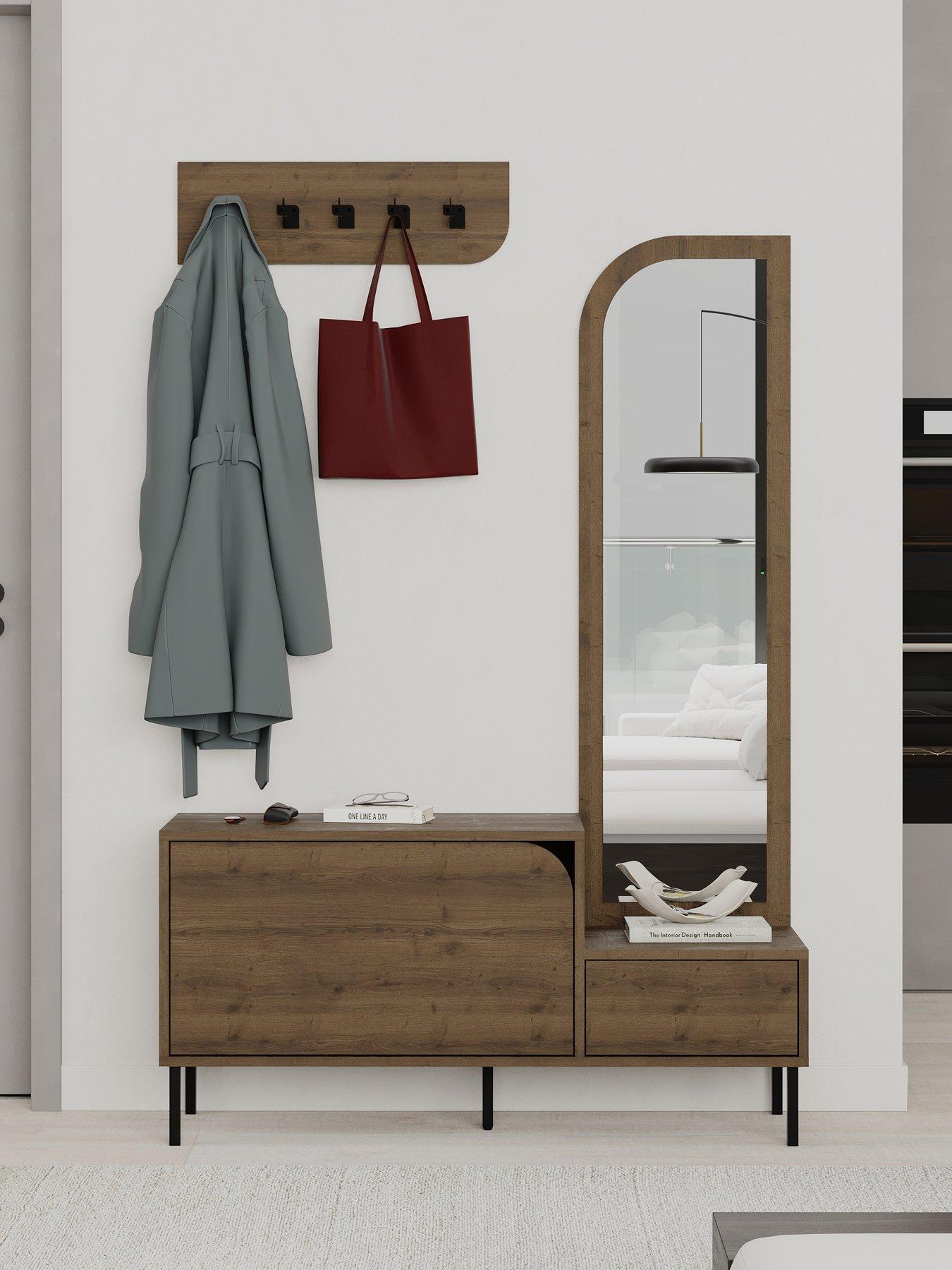 Decortie Mila Hallway Shoe Cabinet  &  Coat Hooks - Dark Oak