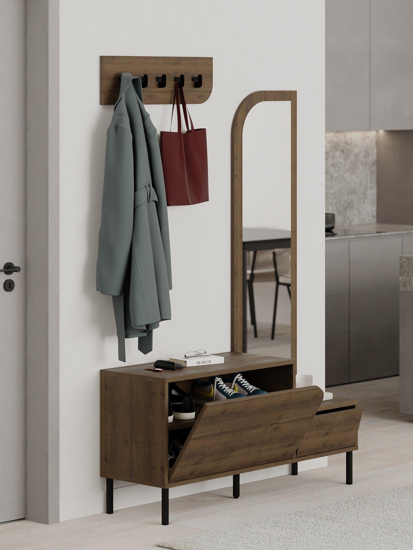  image of decortie-mila-hallway-shoe-cabinet-coat-hooks-dark-oak