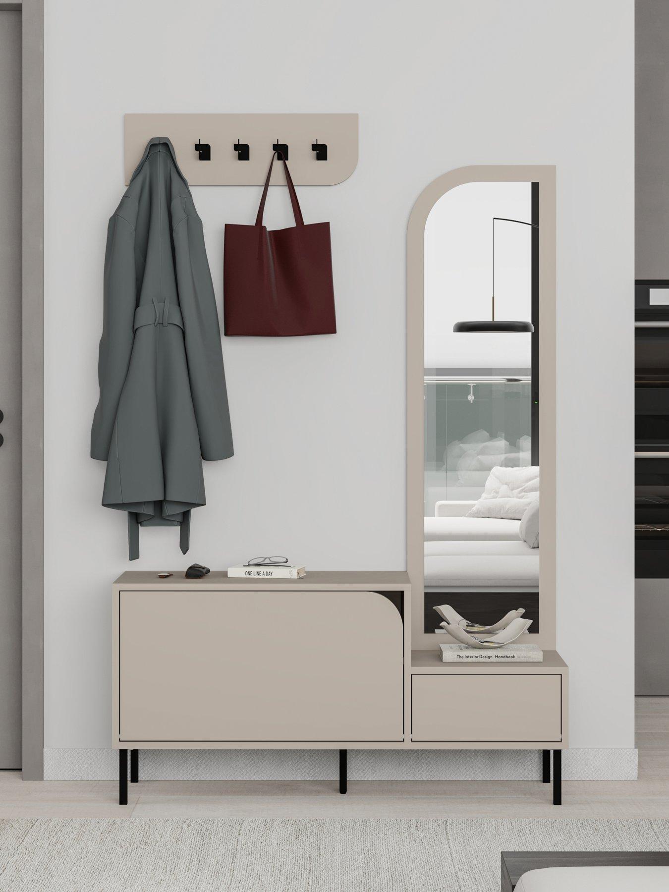 front image of decortie-mila-hallway-shoe-cabinet-coat-hooks-sandstone