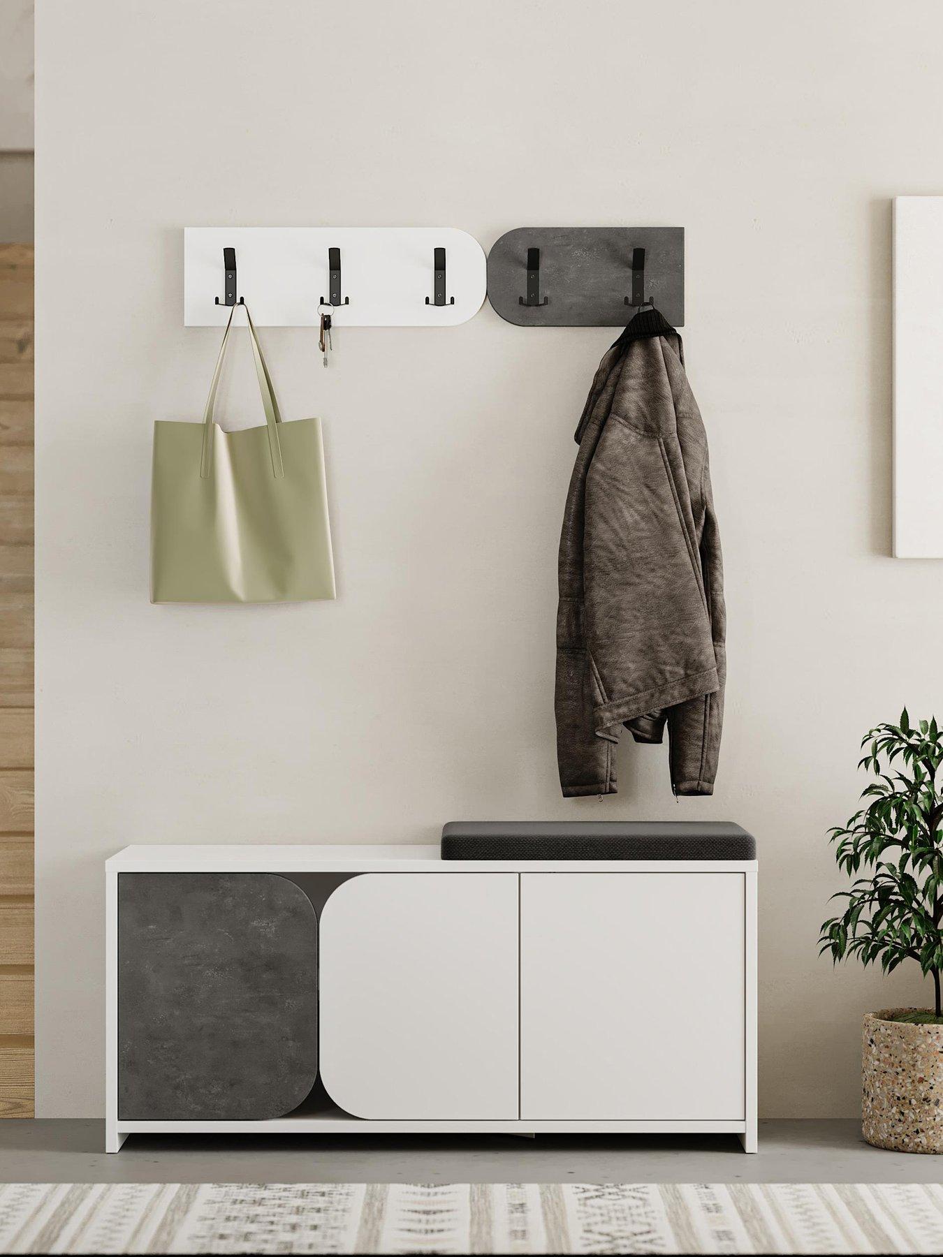 Image 1 of 6 of Decortie Moni Hallway Shoe Cabinet &amp; Coat Hooks - White/grey