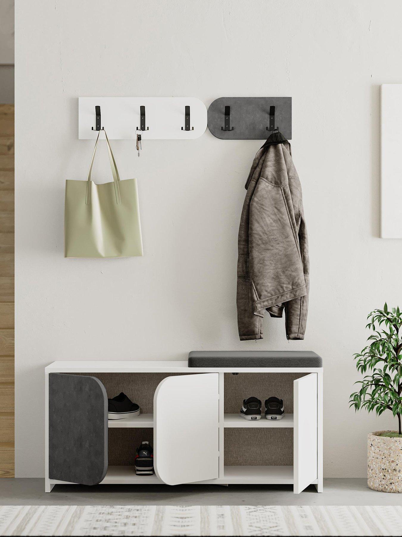 Image 4 of 6 of Decortie Moni Hallway Shoe Cabinet &amp; Coat Hooks - White/grey