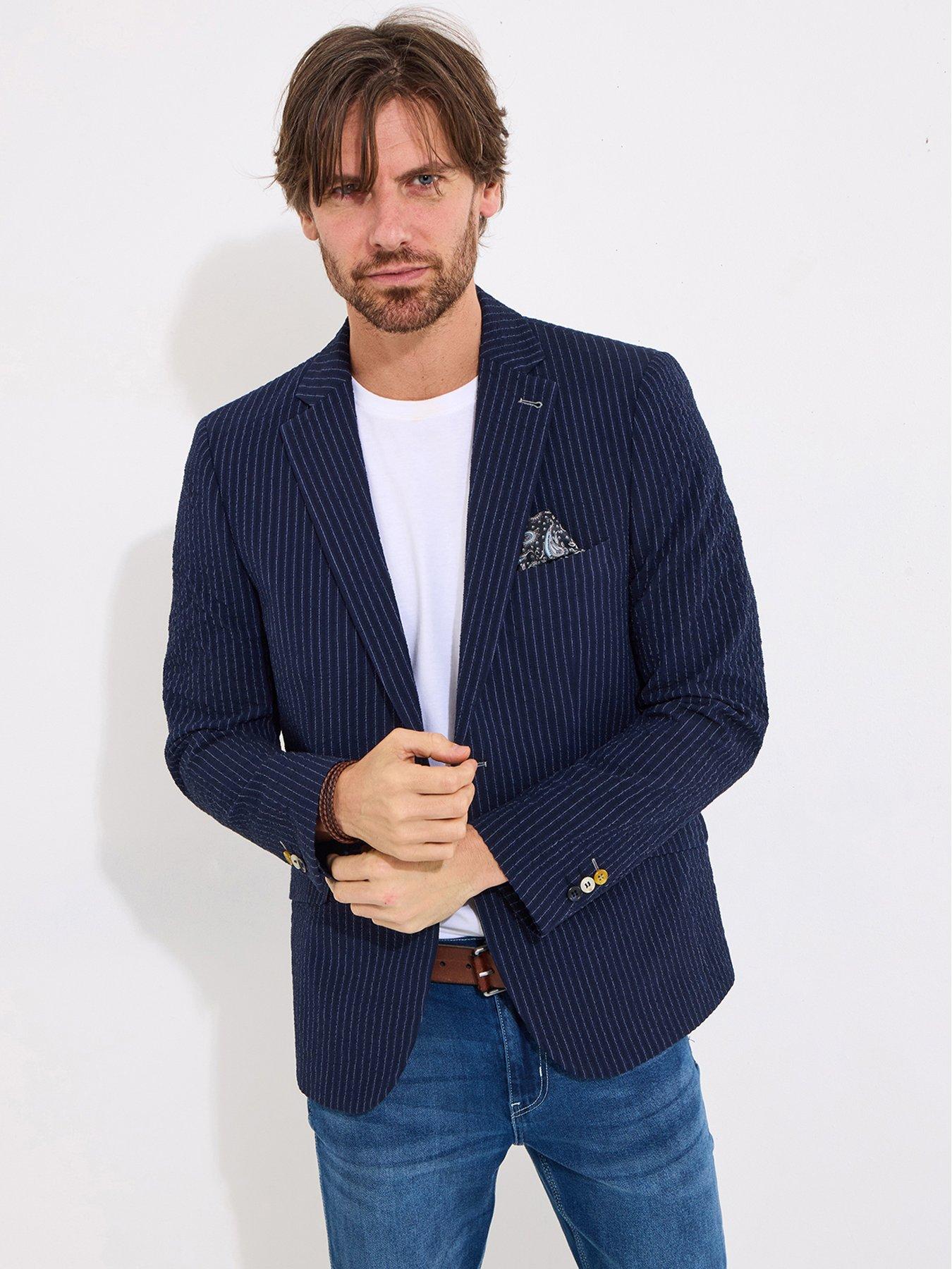 undefined Pinstripe Textured Suit Jacket - Navy