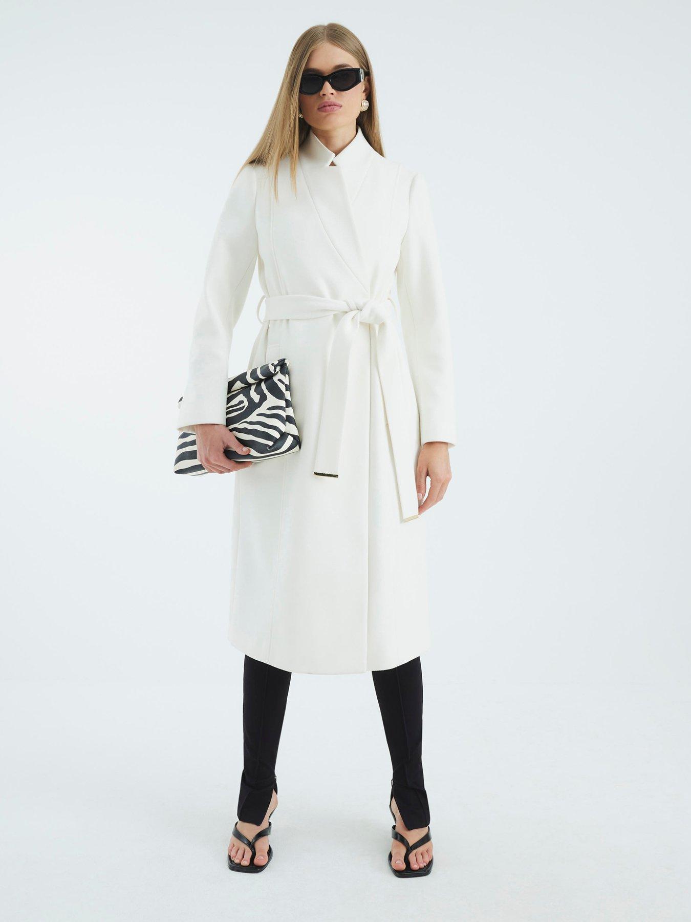 undefined Notch Collar Belted Wrap Coat - Cream