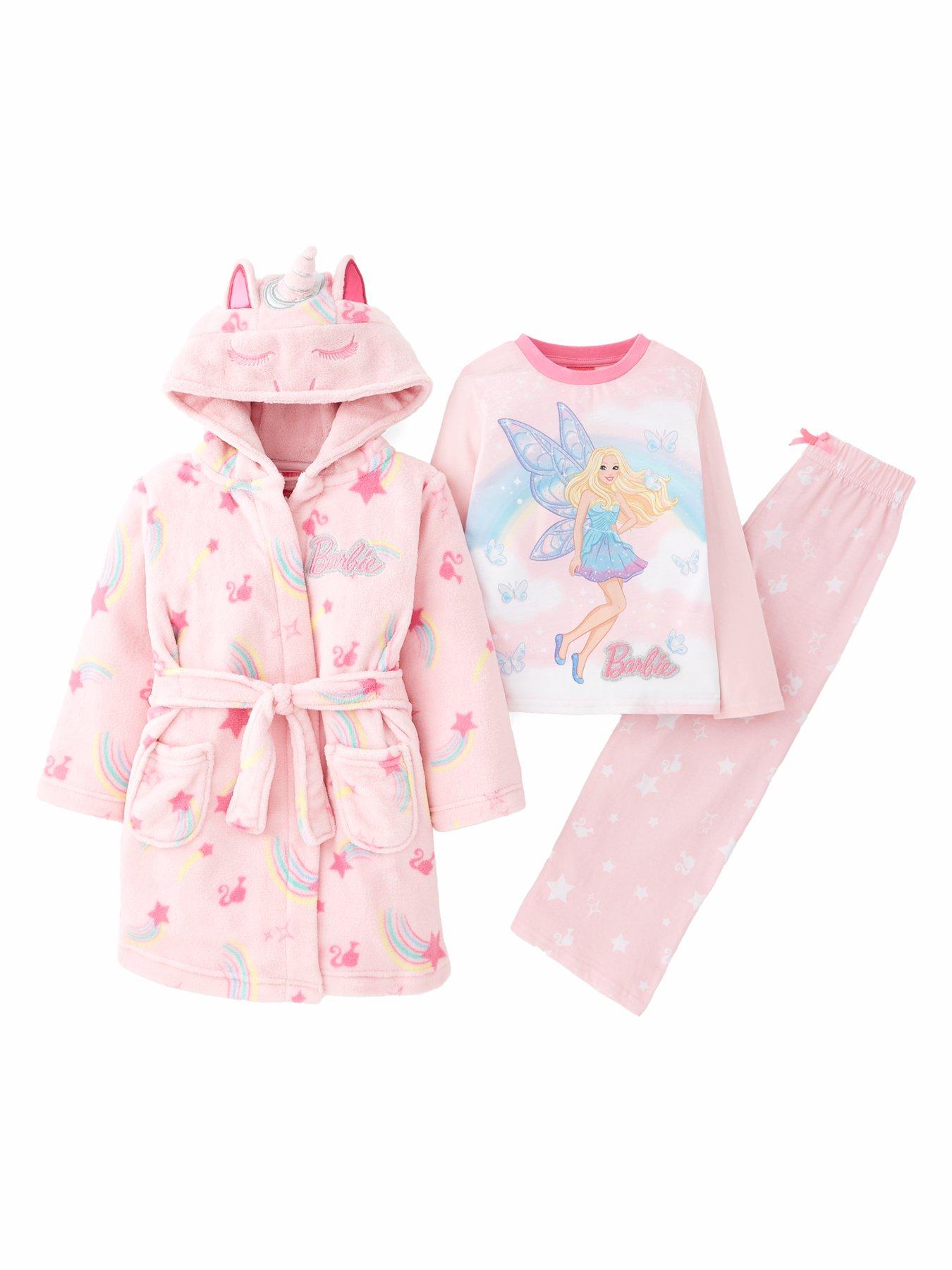 barbie-3-piece-unicorn-long-sleeve-pyjama-and-gown-set-pink