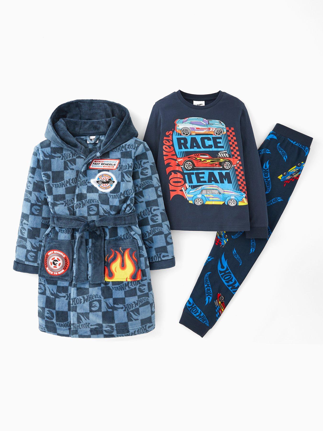  image of hot-wheels-3-piece-long-sleeve-pyjama-and-gown-set-navy