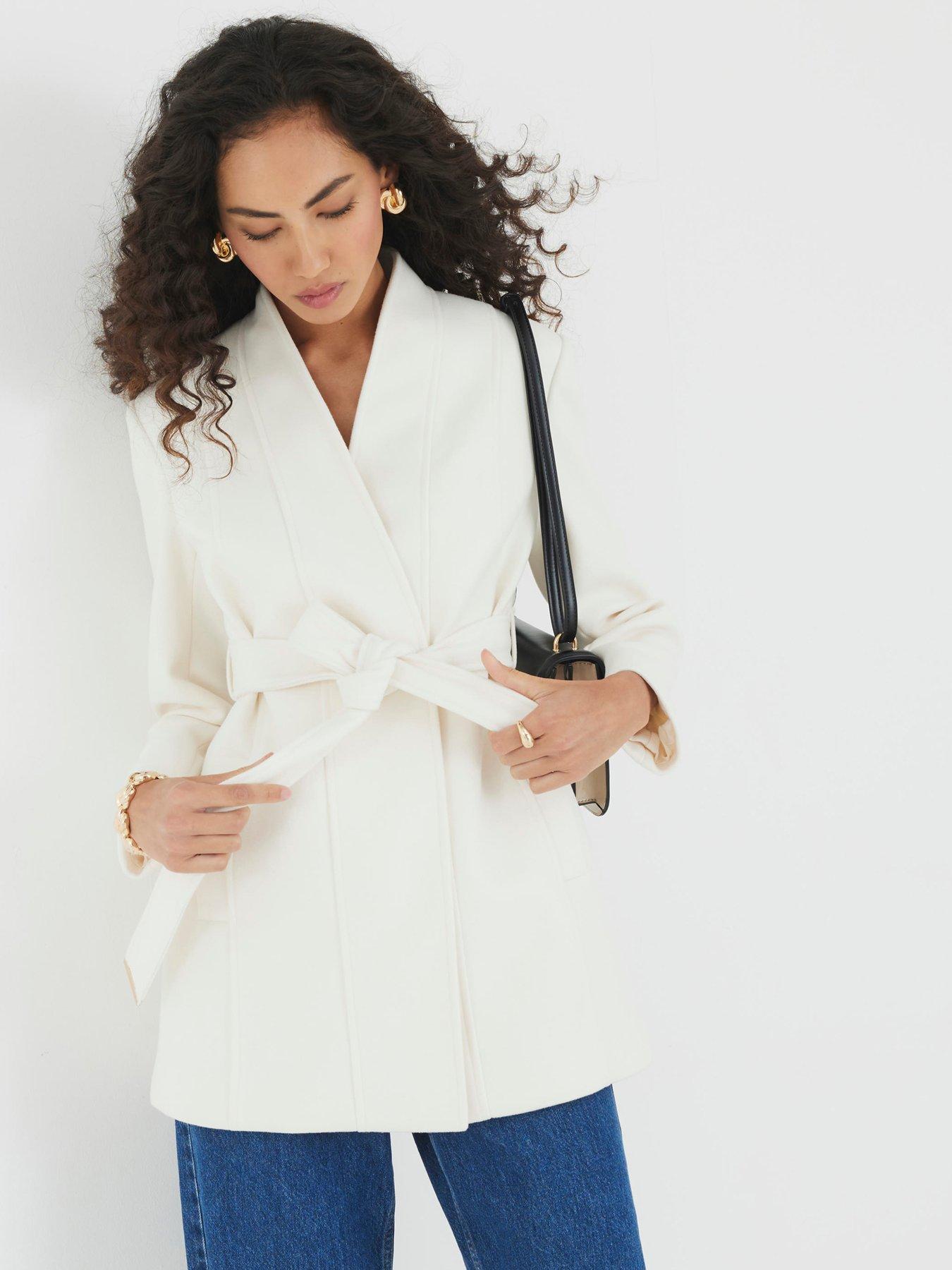 undefined Short Belted Wrap Coat - Cream