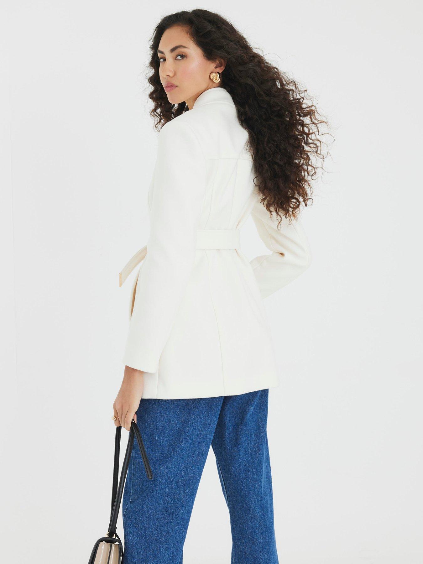 Image 2 of 4 of River Island Short Belted Wrap Coat - Cream